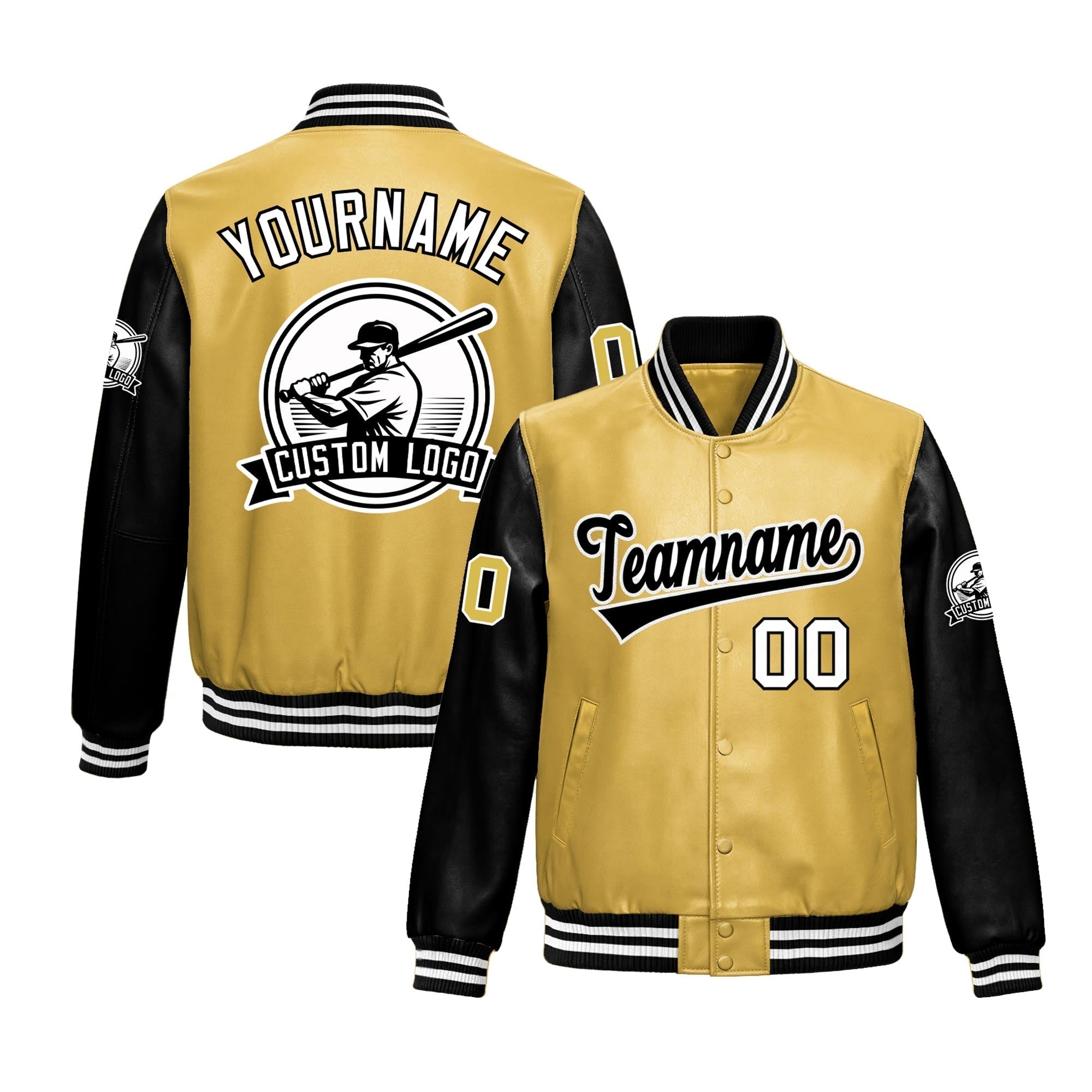 Custom Khaki Black Raglan Sleeves Full-Snap Faux Leather Letterman Jacket| KXKSHOP