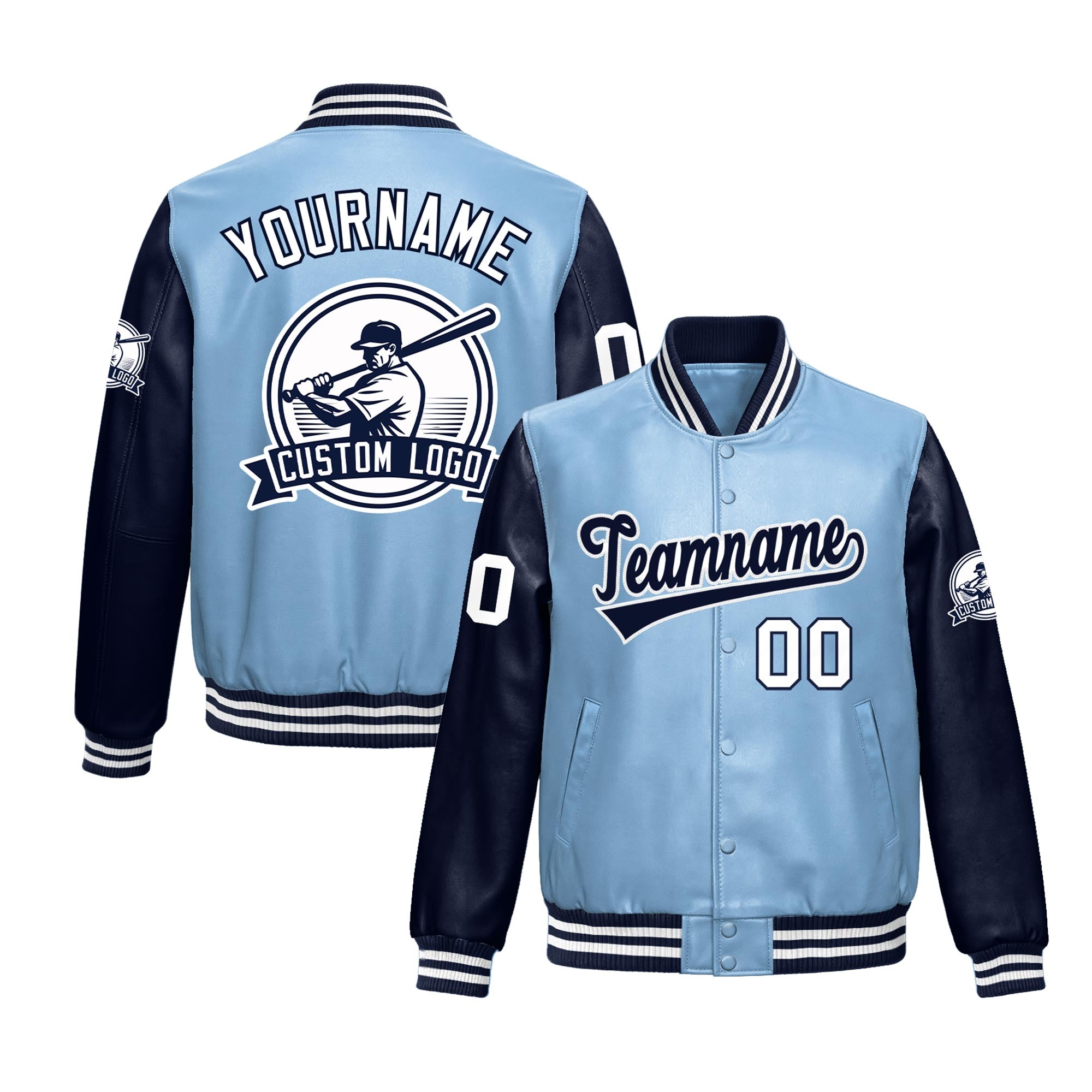 Custom Powder Blue Navy Raglan Sleeves Full-Snap Faux Leather Letterman Jacket| KXKSHOP