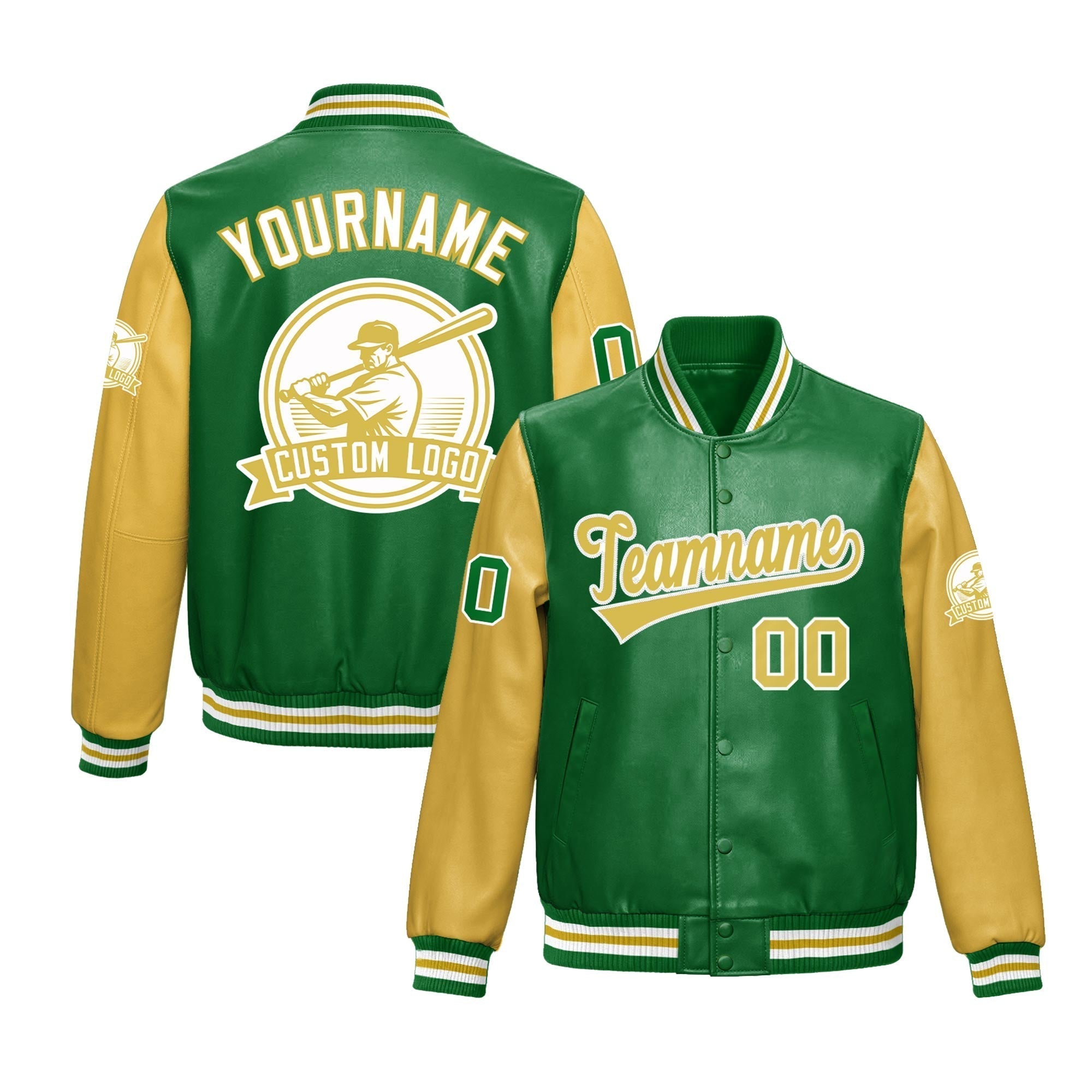 Custom Kelly Green Khaki Raglan Sleeves Full-Snap Faux Leather Letterman Jacket| KXKSHOP