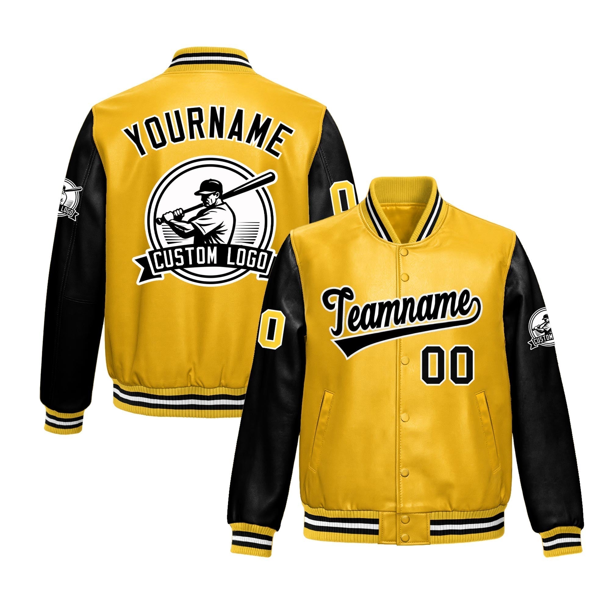 Custom Yellow Black Raglan Sleeves Full-Snap Faux Leather Letterman Jacket| KXKSHOP