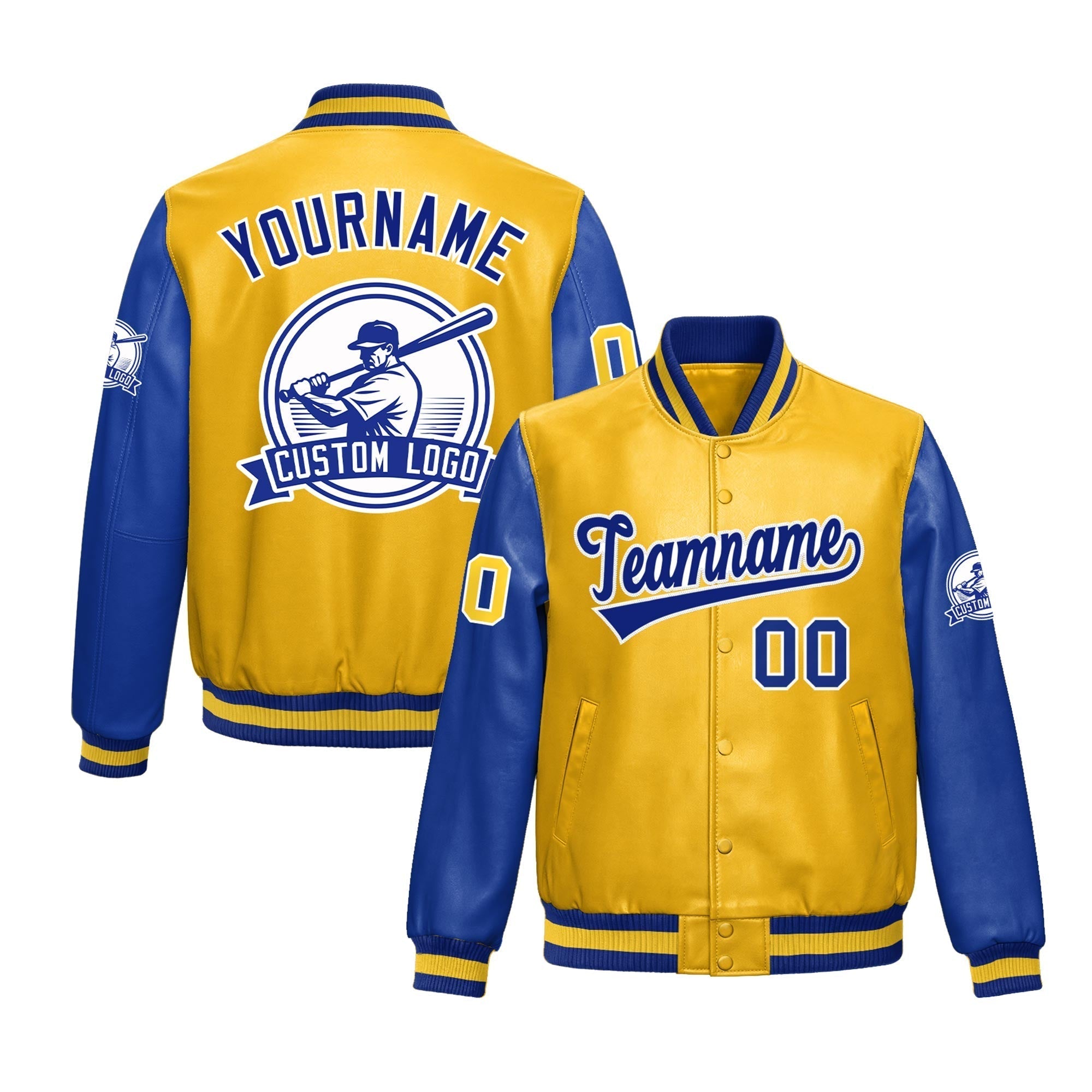 Custom Yellow Royal Blue Raglan Sleeves Full-Snap Faux Leather Letterman Jacket| KXKSHOP