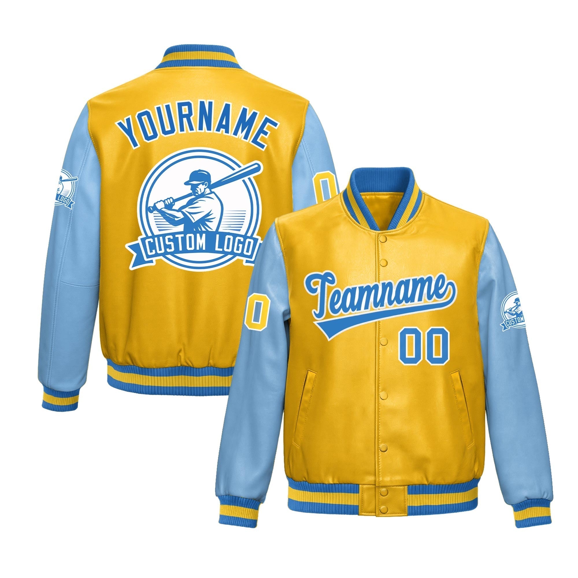 Custom Yellow Powder Blue Raglan Sleeves Full-Snap Faux Leather Letterman Jacket| KXKSHOP
