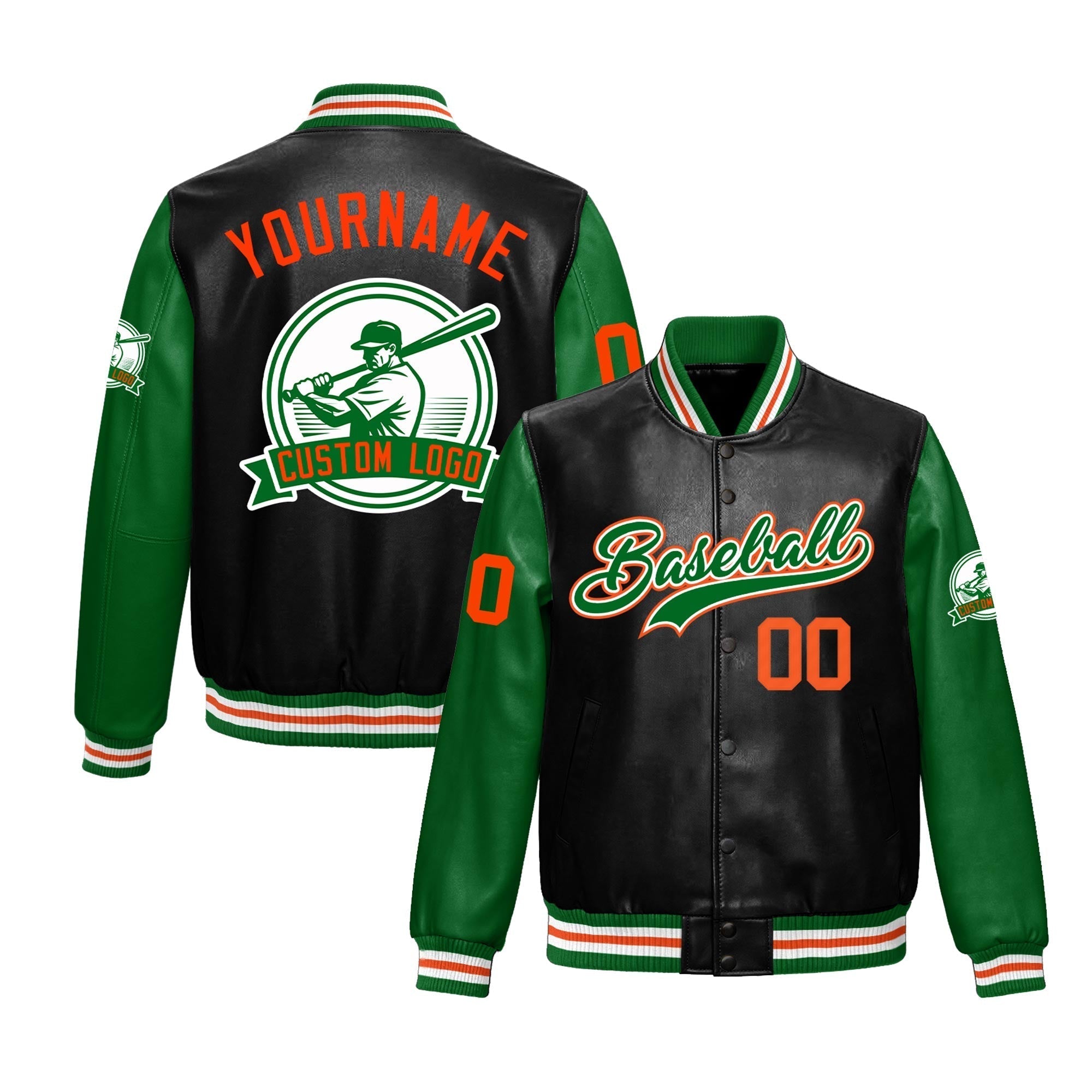 Custom Black Kelly Green Raglan Sleeves Full-Snap Faux Leather Letterman Jacket| KXKSHOP