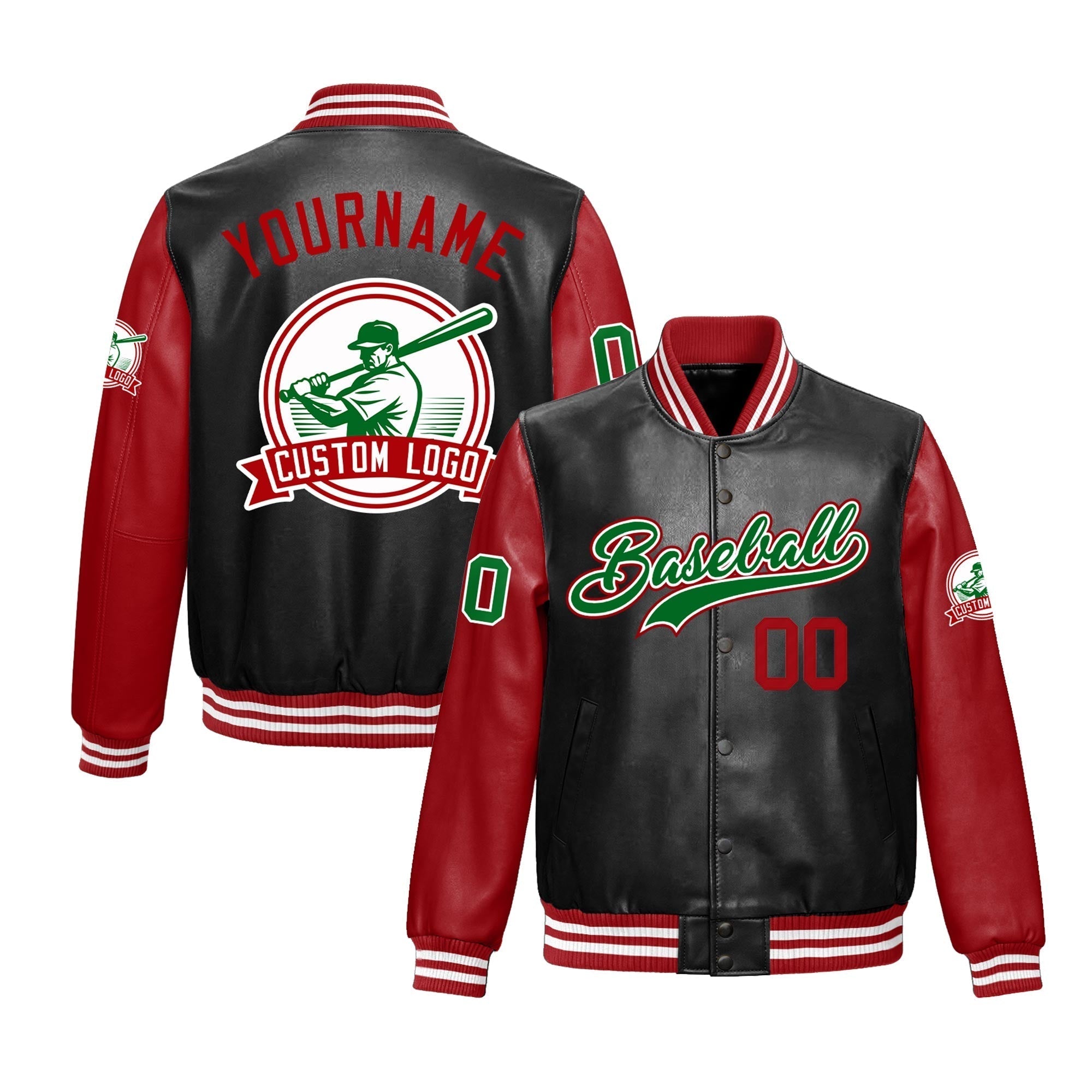 Custom Black Red Raglan Sleeves Full-Snap Faux Leather Letterman Jacket| KXKSHOP