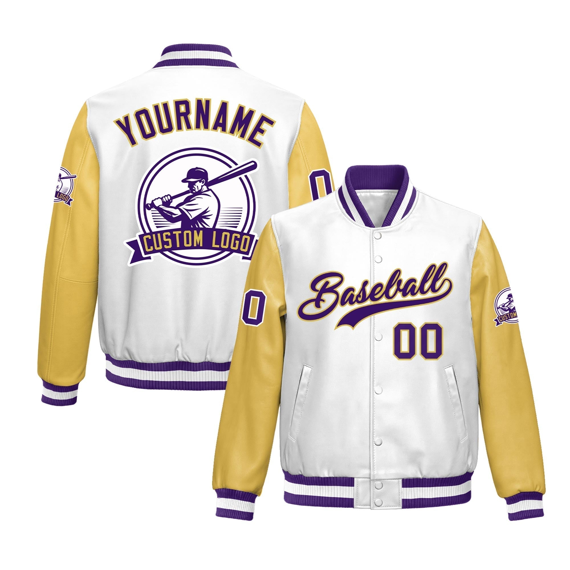 Custom Khaki Purple Raglan Sleeves Full-Snap Faux Leather Letterman Jacket| KXKSHOP