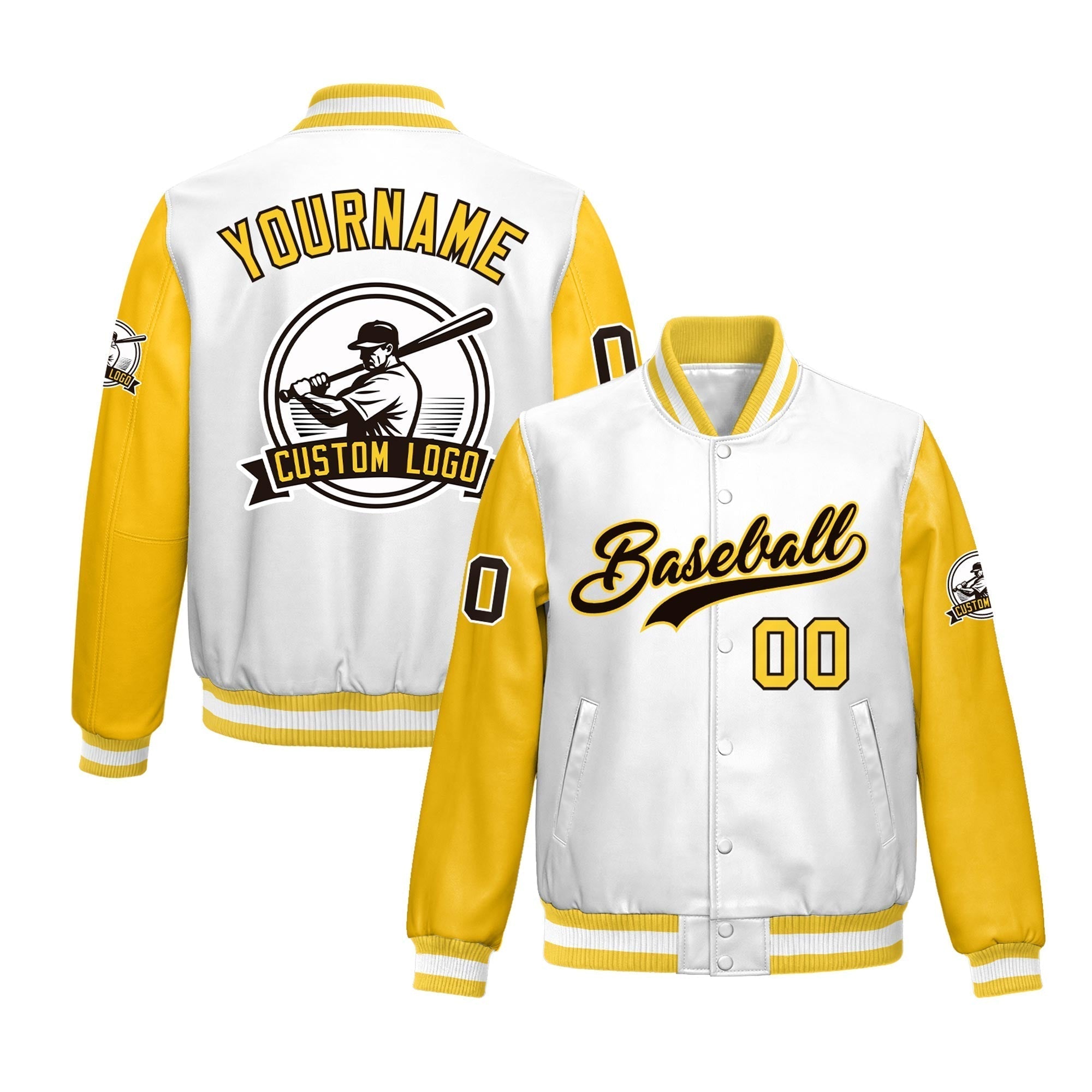 Custom Yellow Gold Raglan Sleeves Full-Snap Faux Leather Letterman Jacket| KXKSHOP