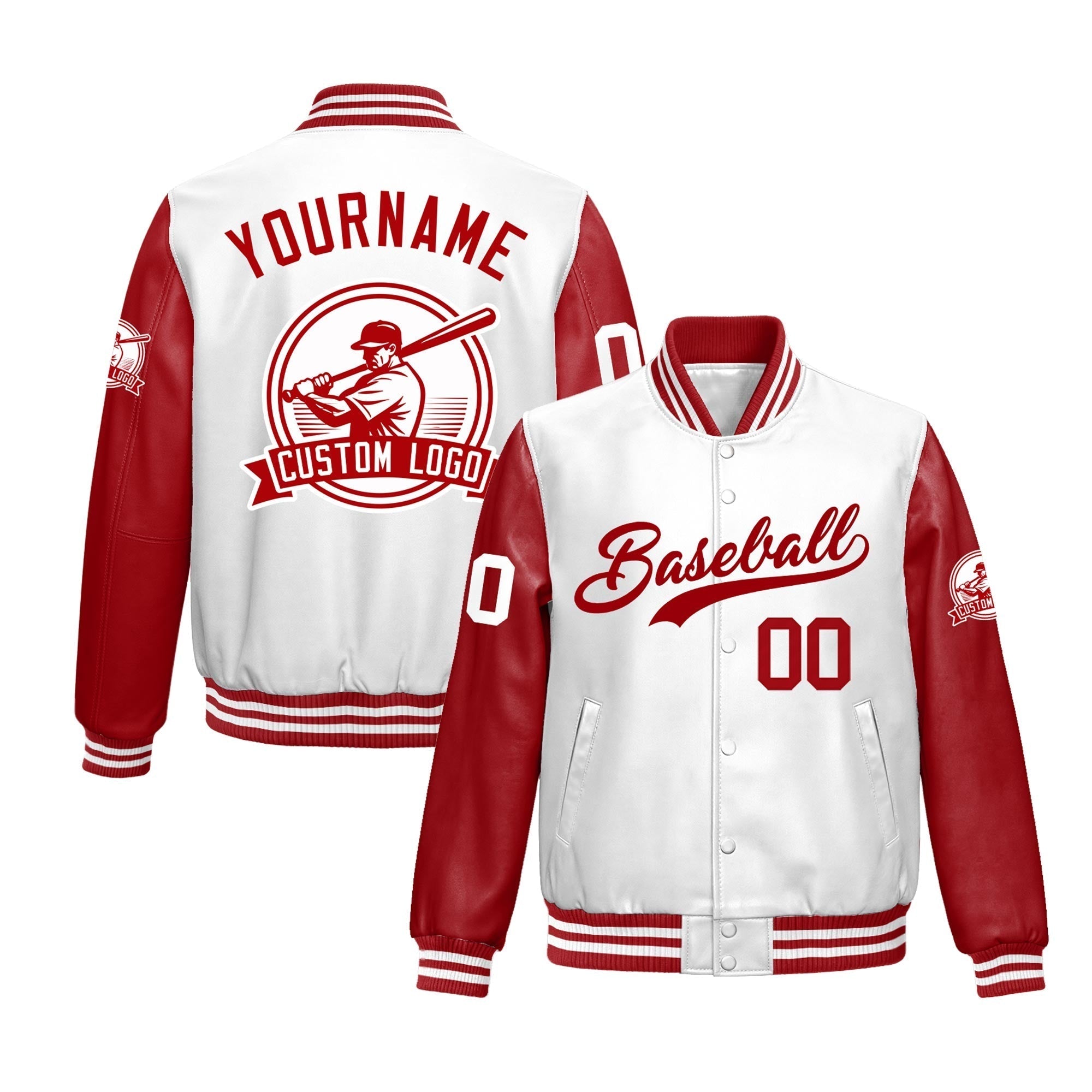 Custom Red White Raglan Sleeves Full-Snap Faux Leather Letterman Jacket| KXKSHOP