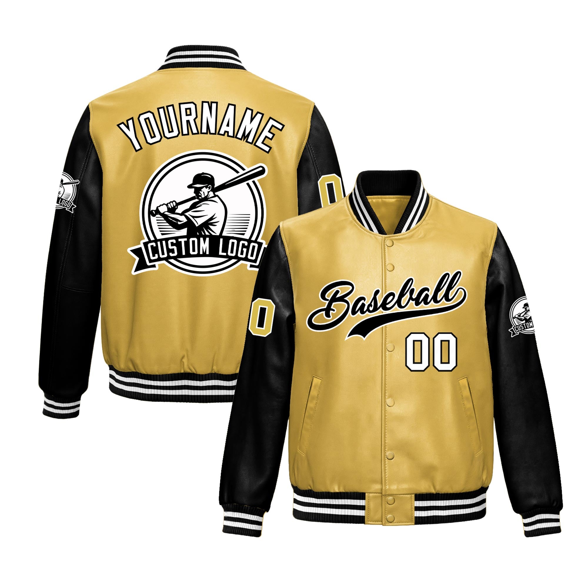Custom Khaki Black Raglan Sleeves Full-Snap Faux Leather Letterman Jacket| KXKSHOP