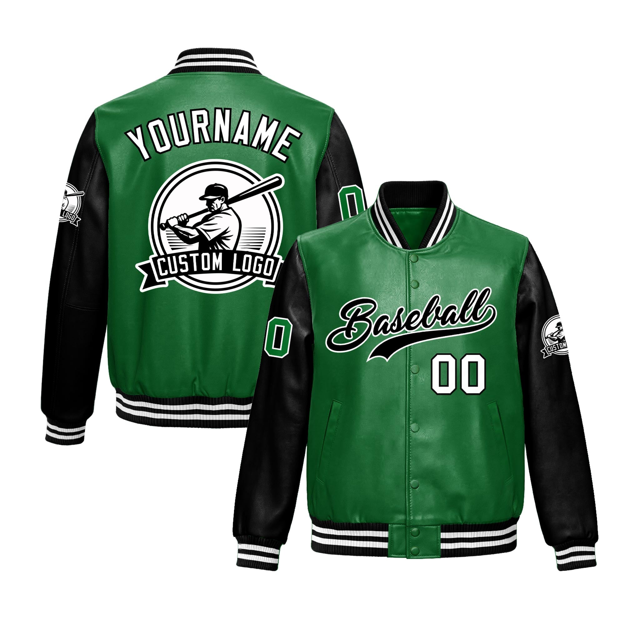 Custom Kelly Green Black Raglan Sleeves Full-Snap Faux Leather Letterman Jacket| KXKSHOP