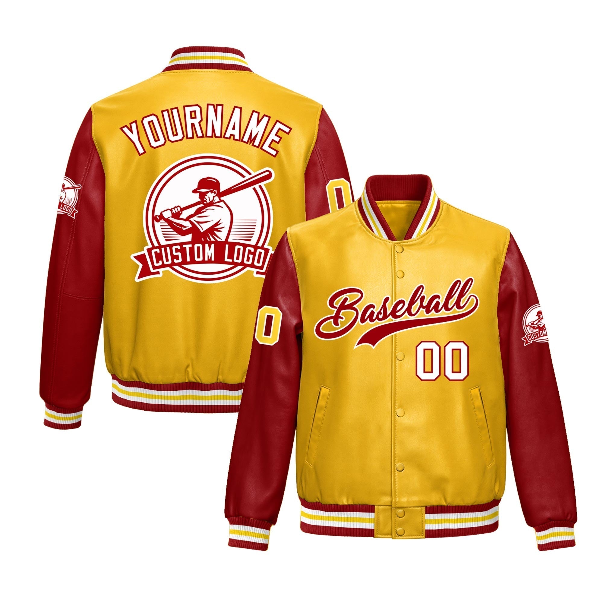 Custom Yellow Red Raglan Sleeves Full-Snap Faux Leather Letterman Jacket| KXKSHOP