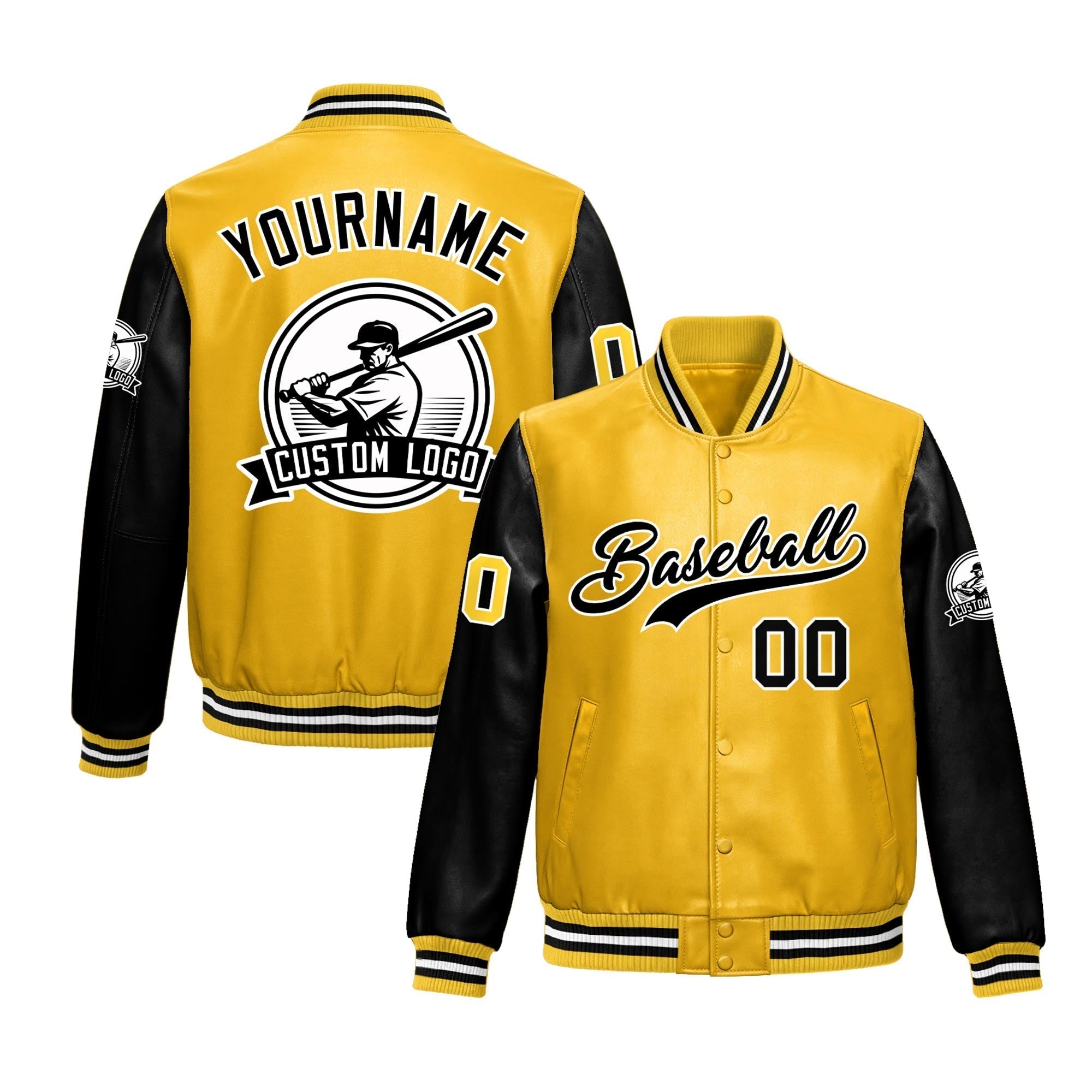 Custom Yellow Black Raglan Sleeves Full-Snap Faux Leather Letterman Jacket| KXKSHOP