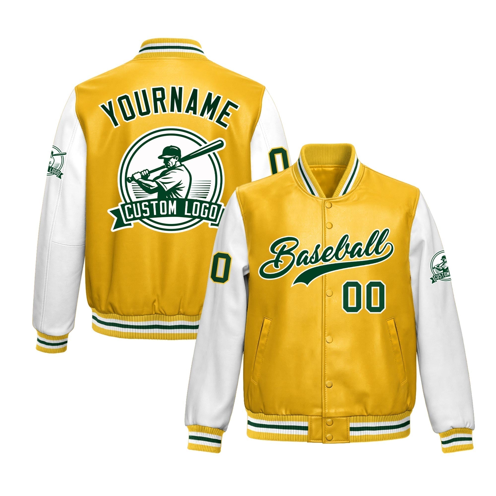 Custom Yellow White Raglan Sleeves Full-Snap Faux Leather Letterman Jacket| KXKSHOP