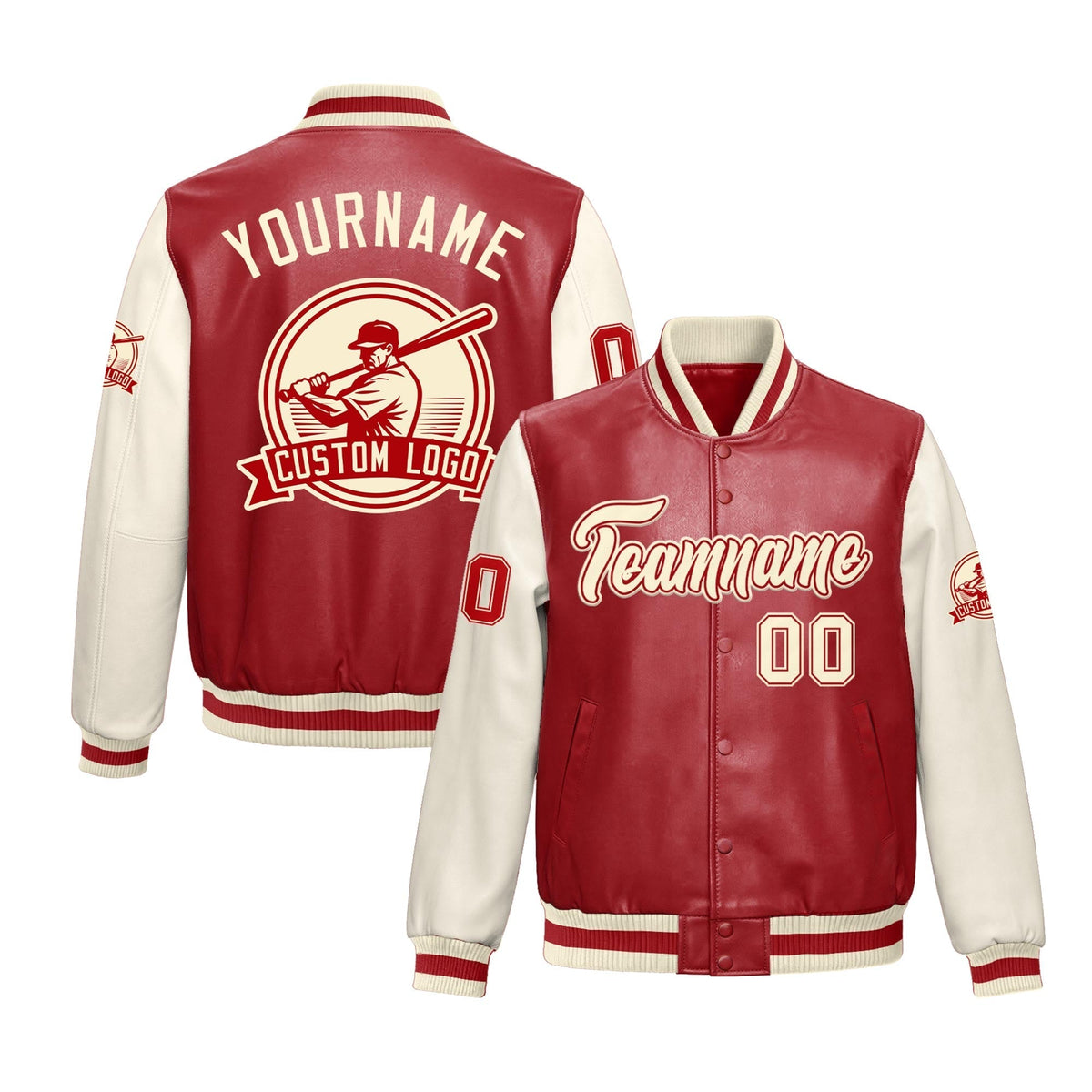 Custom Cream Red Jacket With Faux Leather Full-Snap Letterman Style for Schools, Teams & Colleges