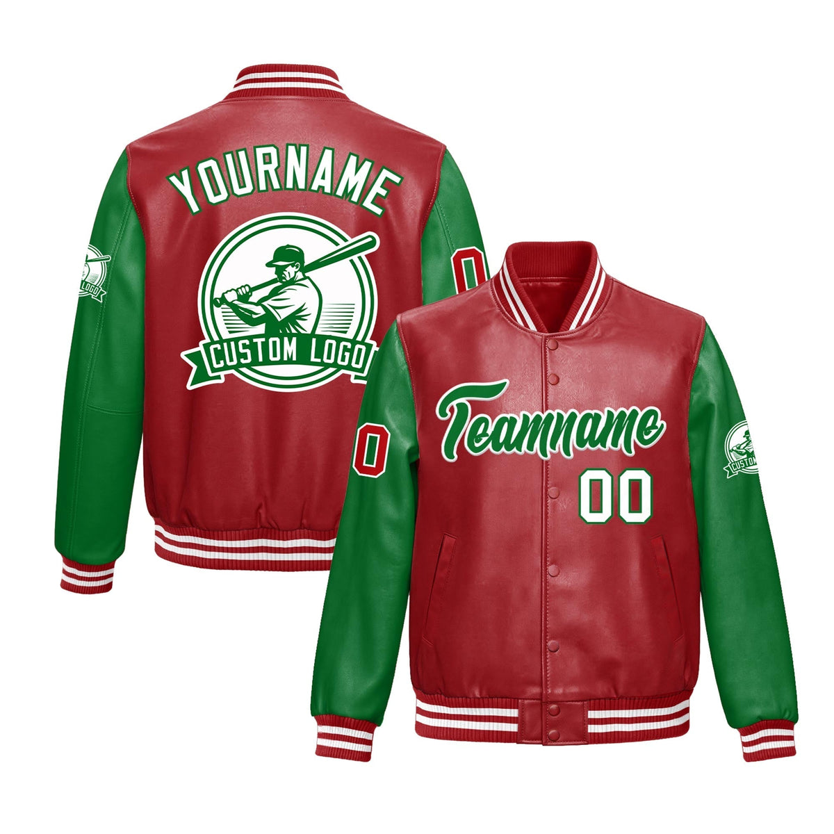 Custom Kelly Green Red Jacket With Faux Leather Full-Snap Letterman Style for Schools, Teams & Colleges