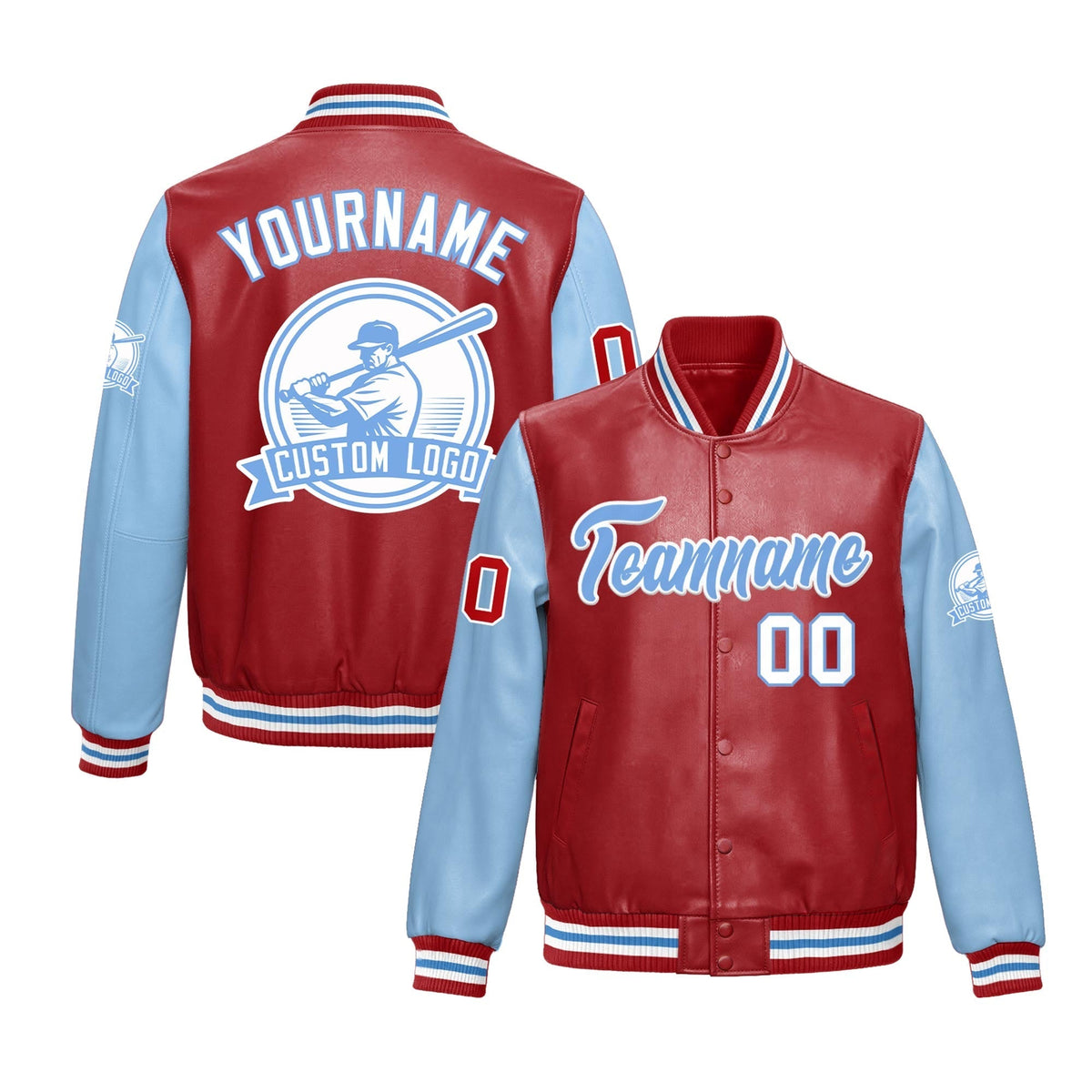 Custom Powder Blue Red Jacket With Faux Leather Full-Snap Letterman Style for Schools, Teams & Colleges