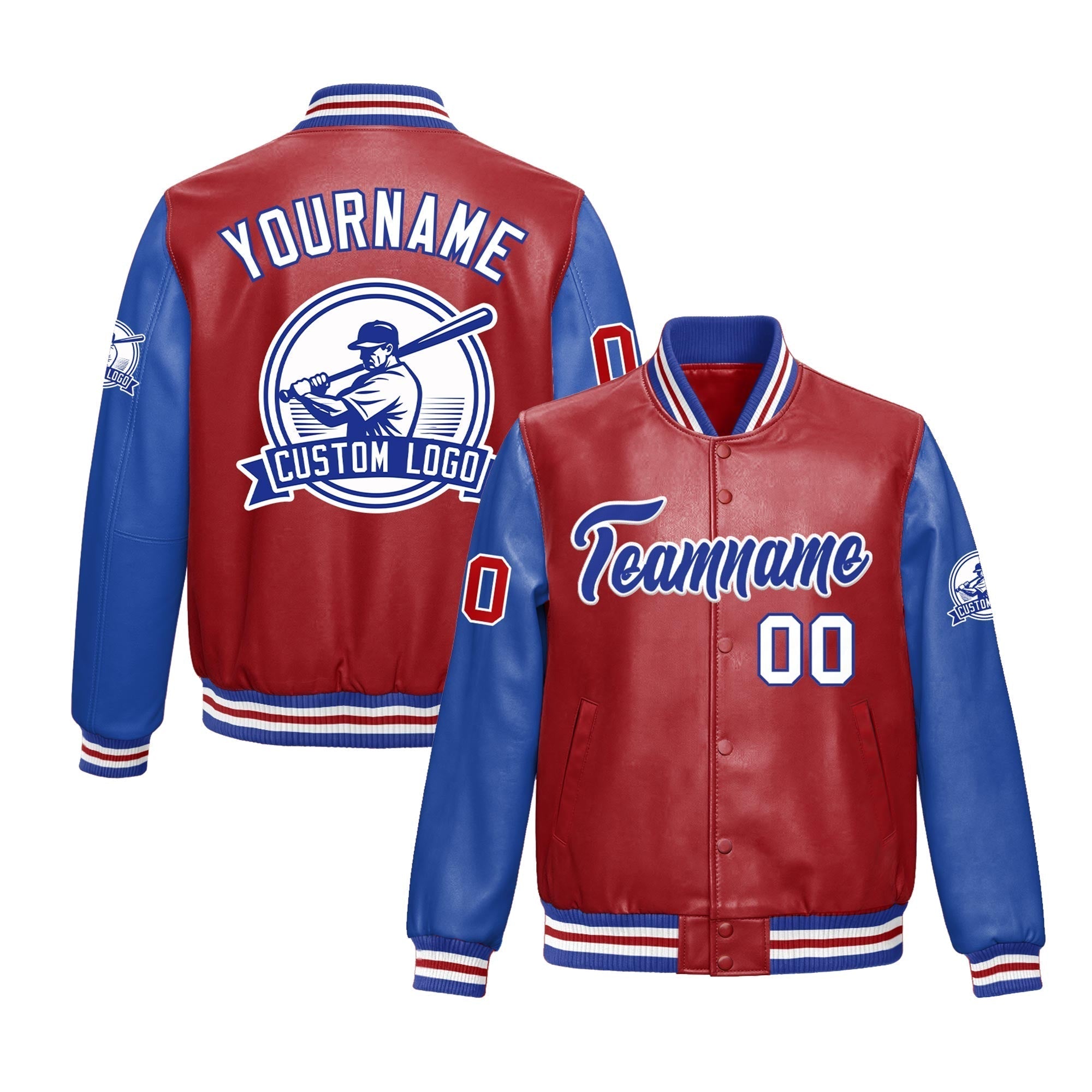 Custom Royal Blue White Raglan Sleeves Full-Snap Faux Leather Letterman Jacket| KXKSHOP