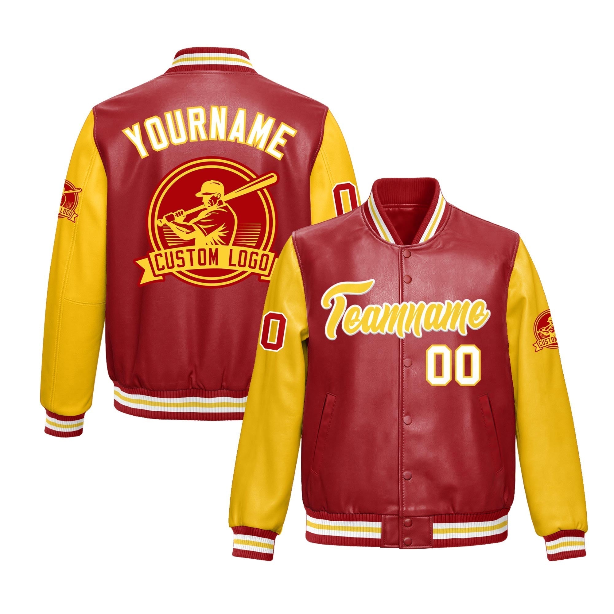 Custom Yellow Red Raglan Sleeves Full-Snap Faux Leather Letterman Jacket| KXKSHOP