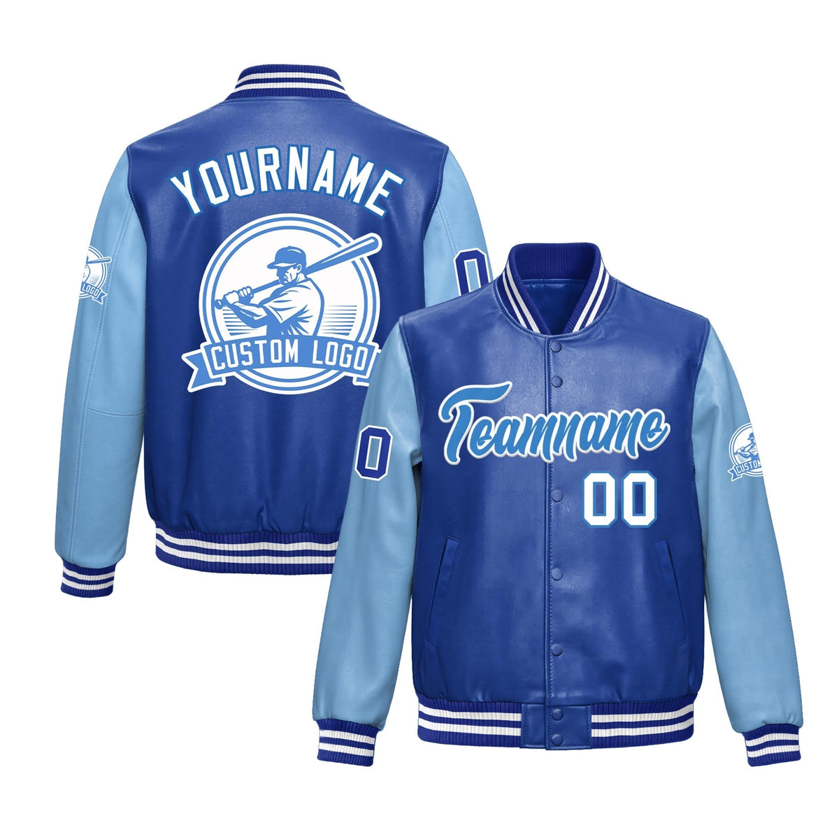 Custom Royal Blue Powder Blue Jacket With Faux Leather Full-Snap Letterman Style for Schools, Teams & Colleges