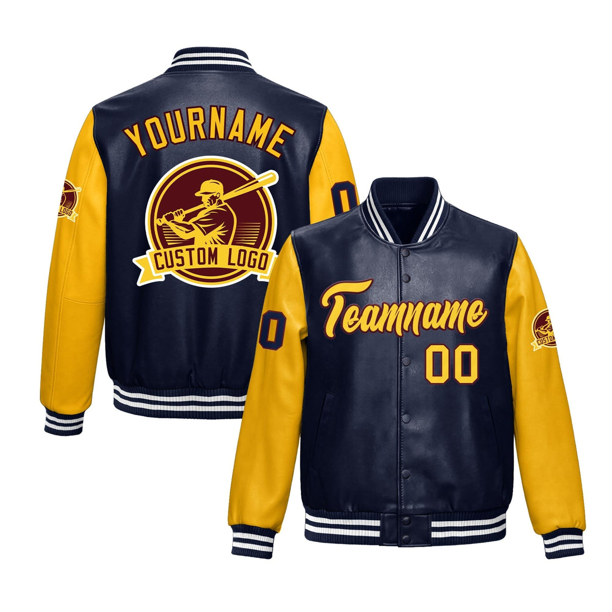 Custom Navy Yellow Jacket With Faux Leather Full-Snap Letterman Style for Schools, Teams & Colleges