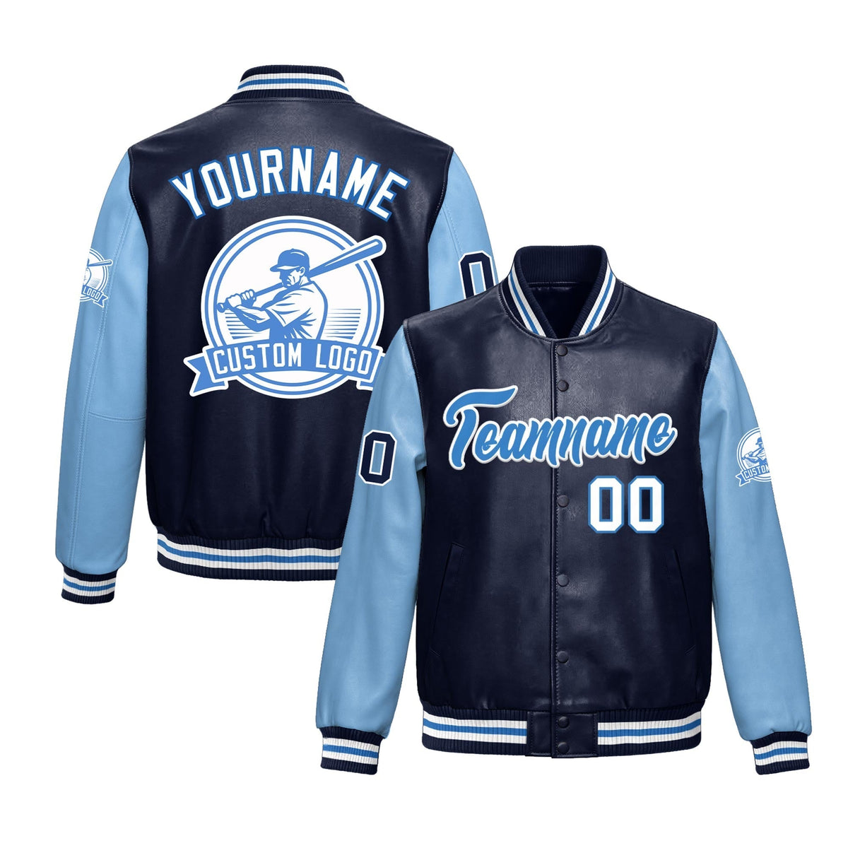 Custom Navy Powder Blue Jacket With Faux Leather Full-Snap Letterman Style for Schools, Teams & Colleges