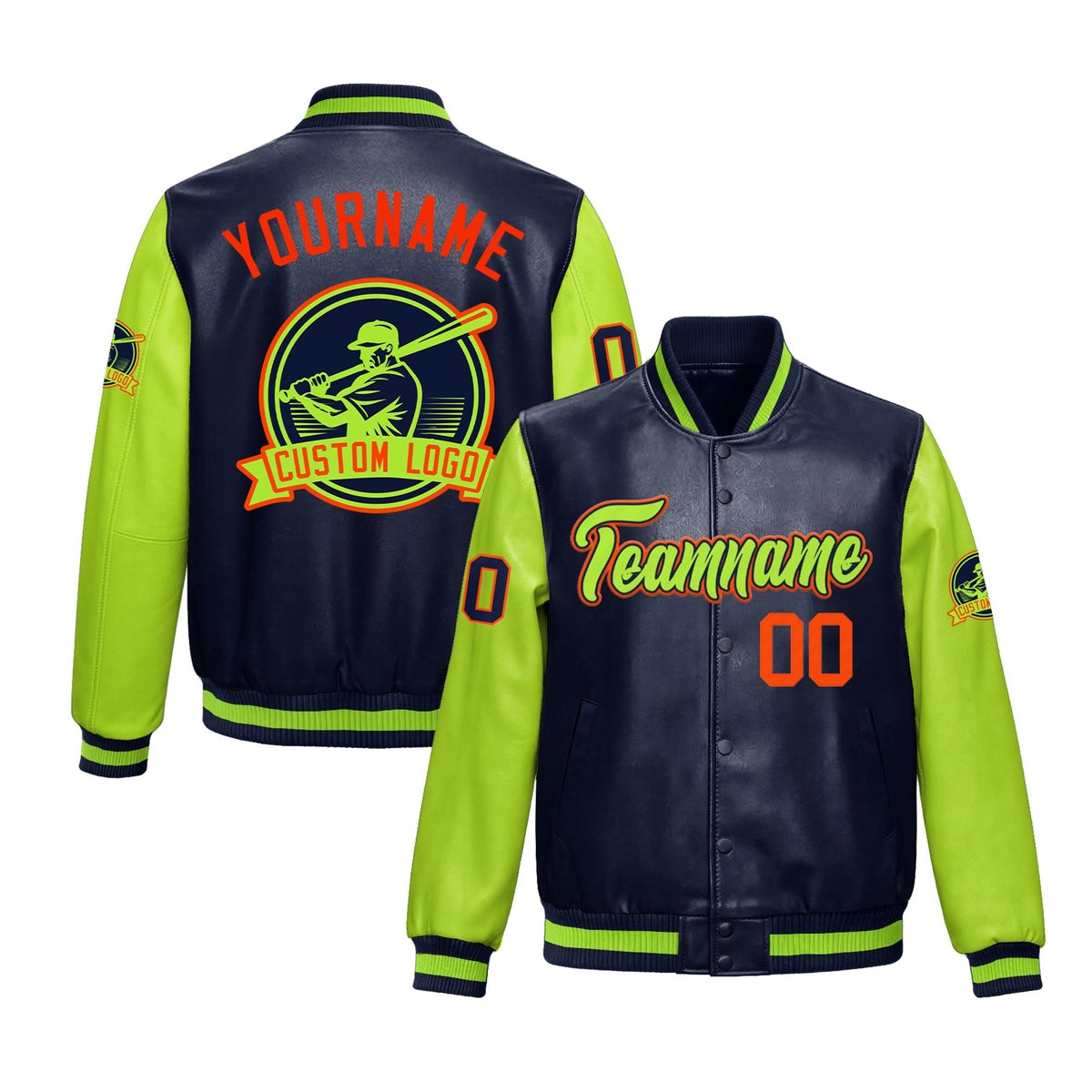Custom Navy Neon Green Jacket With Faux Leather Full-Snap Letterman Style for Schools, Teams & Colleges