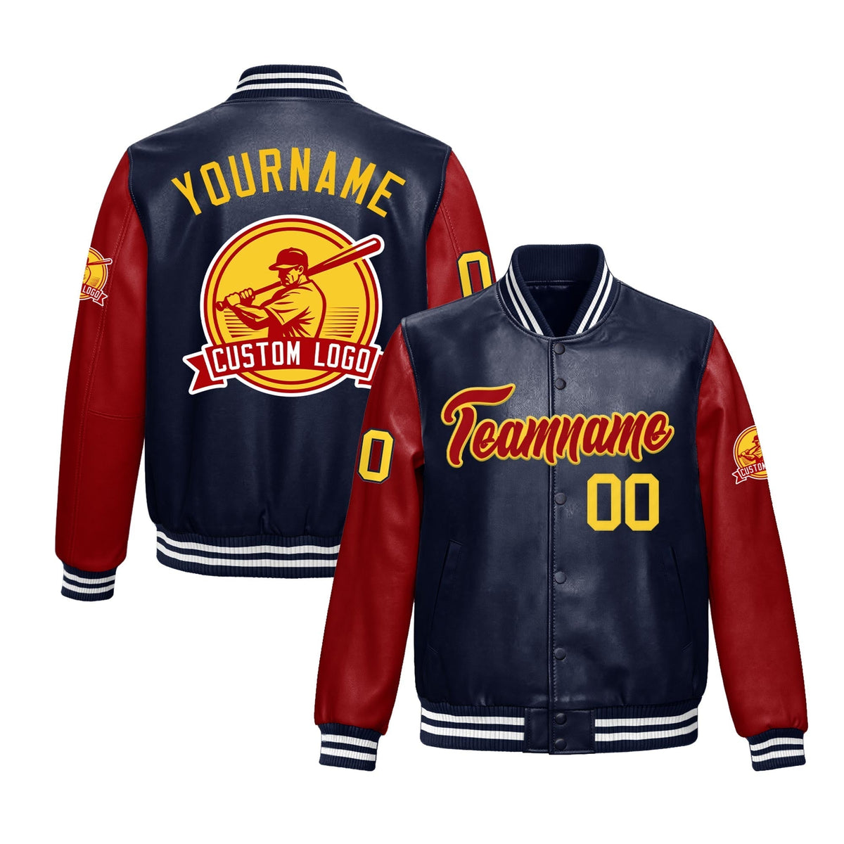 Custom Navy White Jacket With Faux Leather Full-Snap Letterman Style for Schools, Teams & Colleges