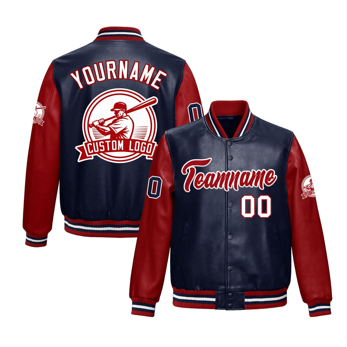 Custom Navy Red Jacket With Faux Leather Full-Snap Letterman Style for Schools, Teams & Colleges