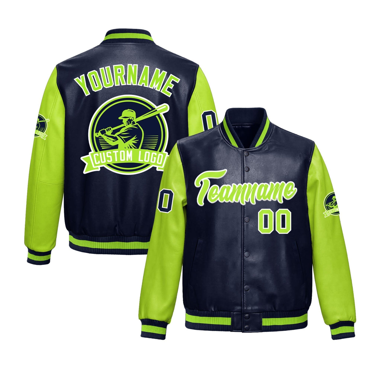 Custom Navy Neon Green Jacket With Faux Leather Full-Snap Letterman Style for Schools, Teams & Colleges