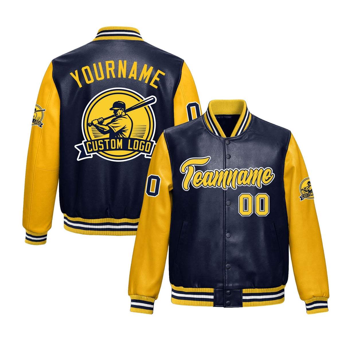 Custom Navy Yellow Jacket With Faux Leather Full-Snap Letterman Style for Schools, Teams & Colleges