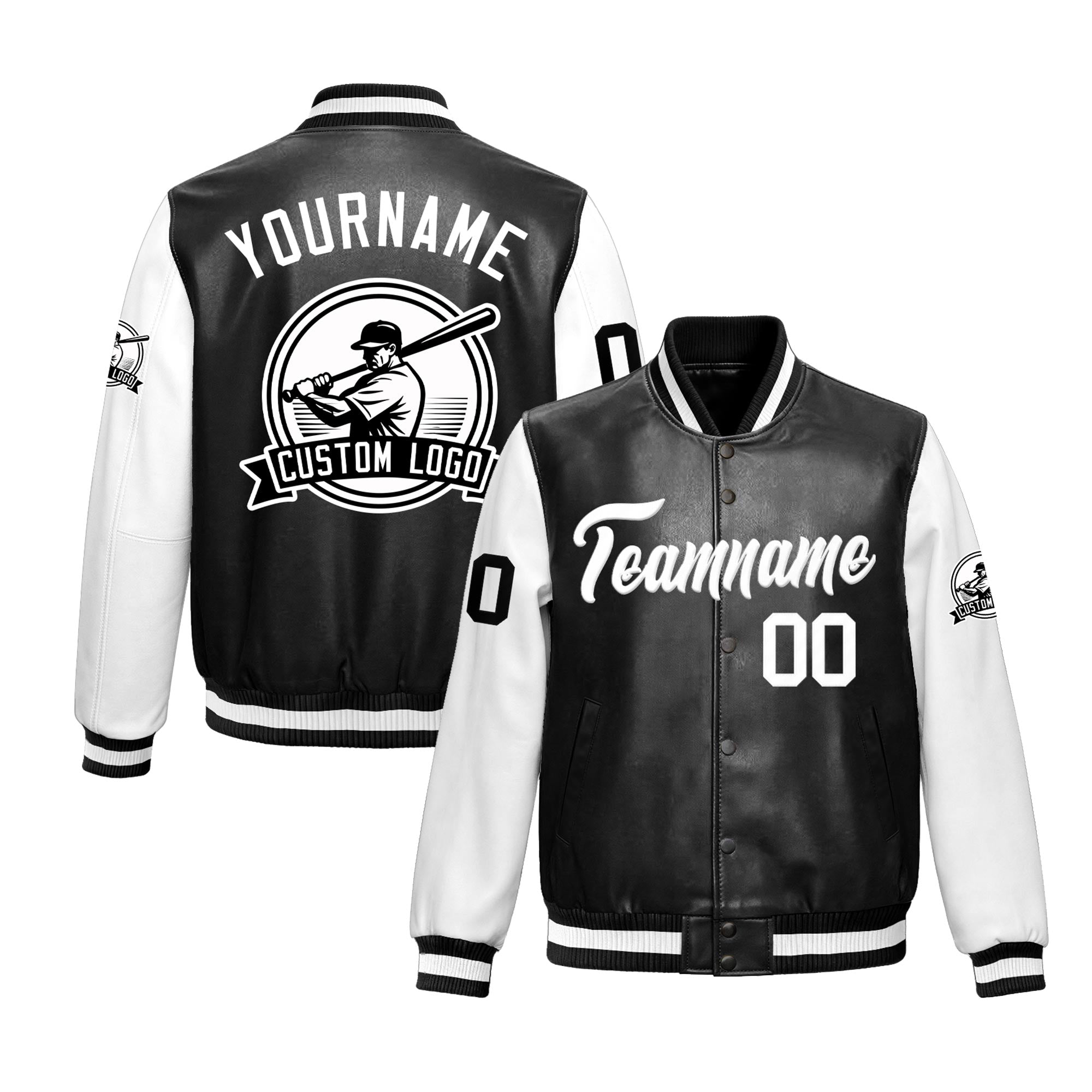 Custom Black White Raglan Sleeves Full-Snap Faux Leather Letterman Jacket| KXKSHOP