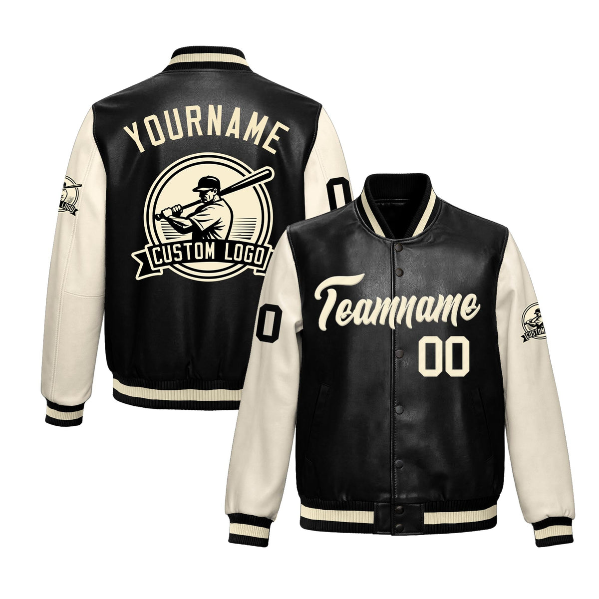 Custom Black Cream Jacket With Faux Leather Full-Snap Letterman Style for Schools, Teams & Colleges