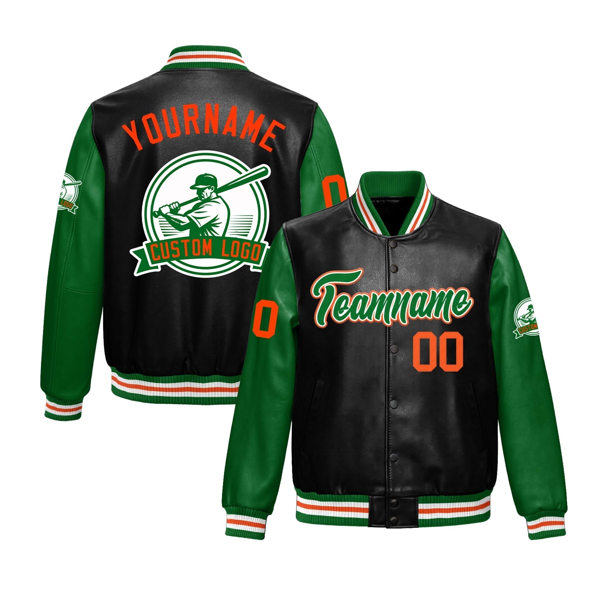 Custom Black Kelly Green Raglan Sleeves Full-Snap Faux Leather Letterman Jacket| KXKSHOP