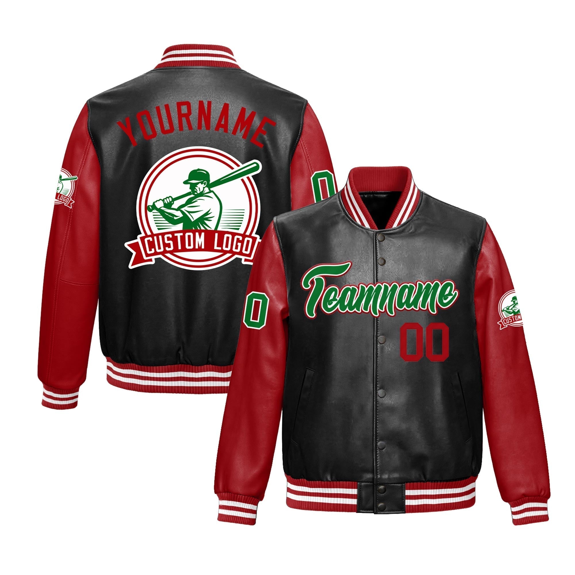 Custom Black Red Raglan Sleeves Full-Snap Faux Leather Letterman Jacket| KXKSHOP