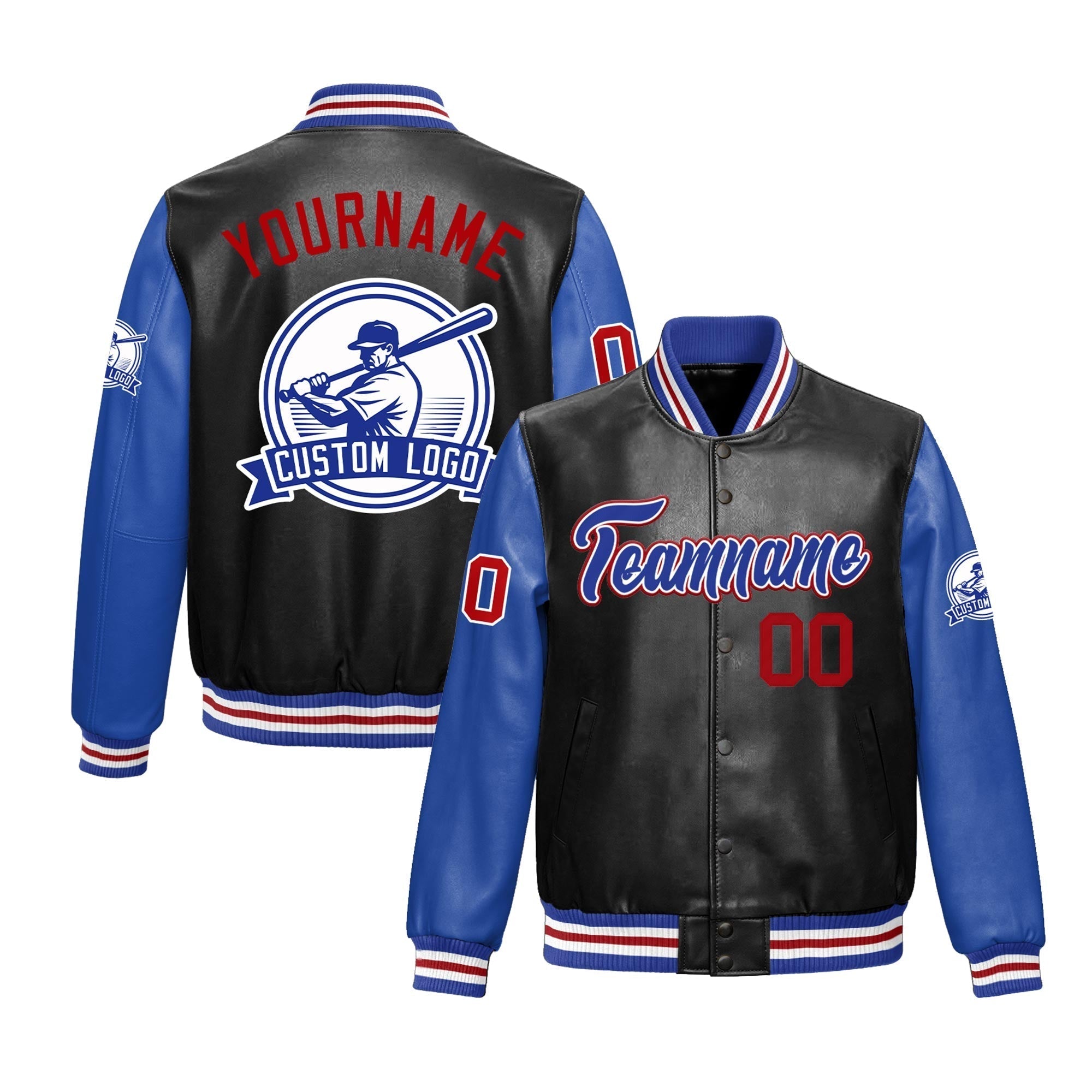 Custom Black Royal Blue Raglan Sleeves Full-Snap Faux Leather Letterman Jacket| KXKSHOP