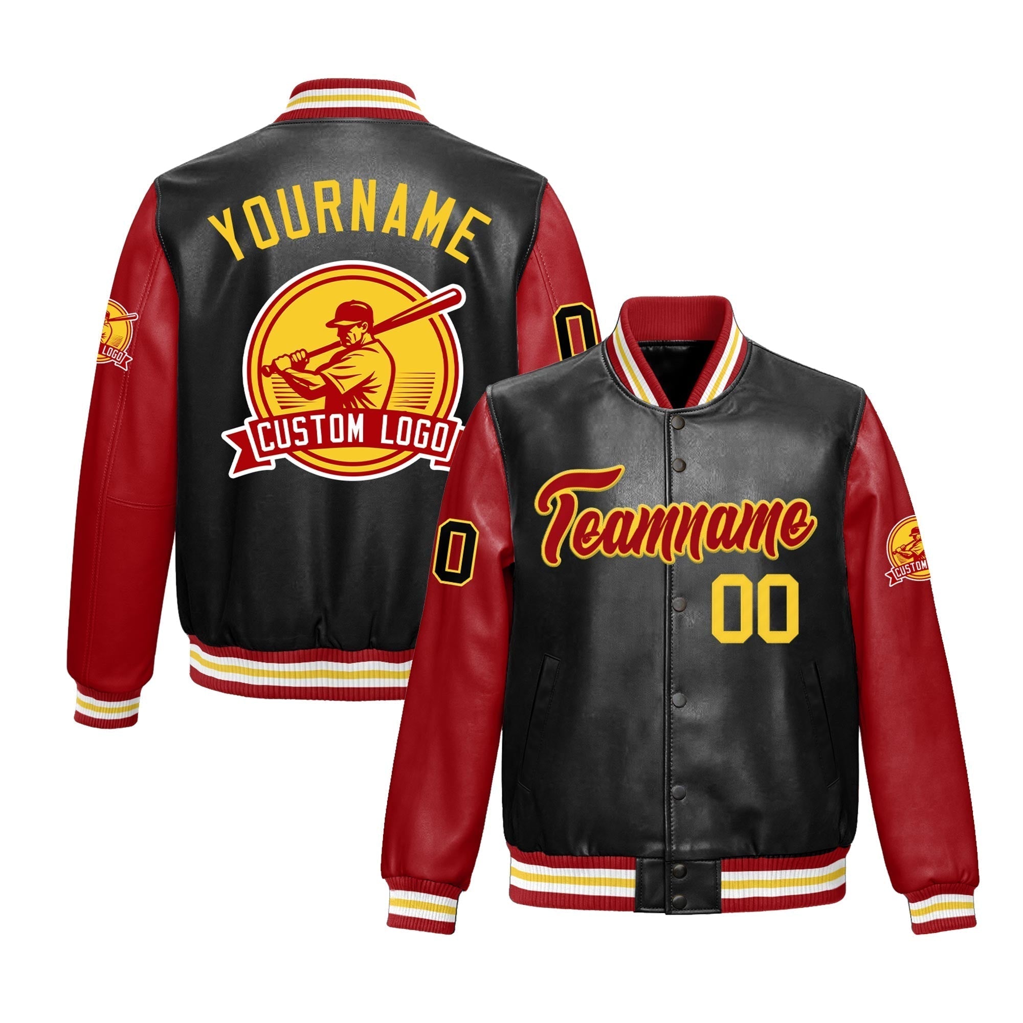Custom Black Red Raglan Sleeves Full-Snap Faux Leather Letterman Jacket| KXKSHOP