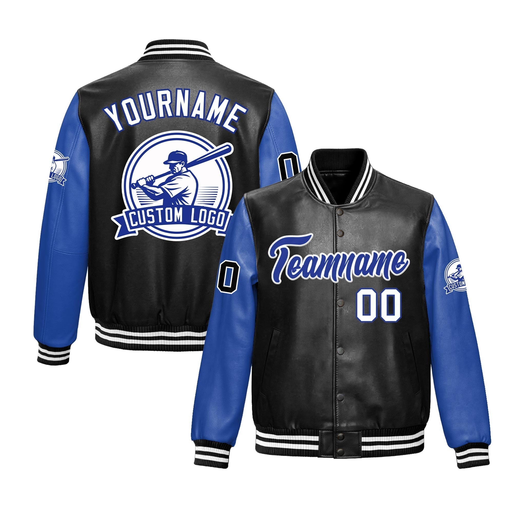 Custom Black Royal Blue Raglan Sleeves Full-Snap Faux Leather Letterman Jacket| KXKSHOP