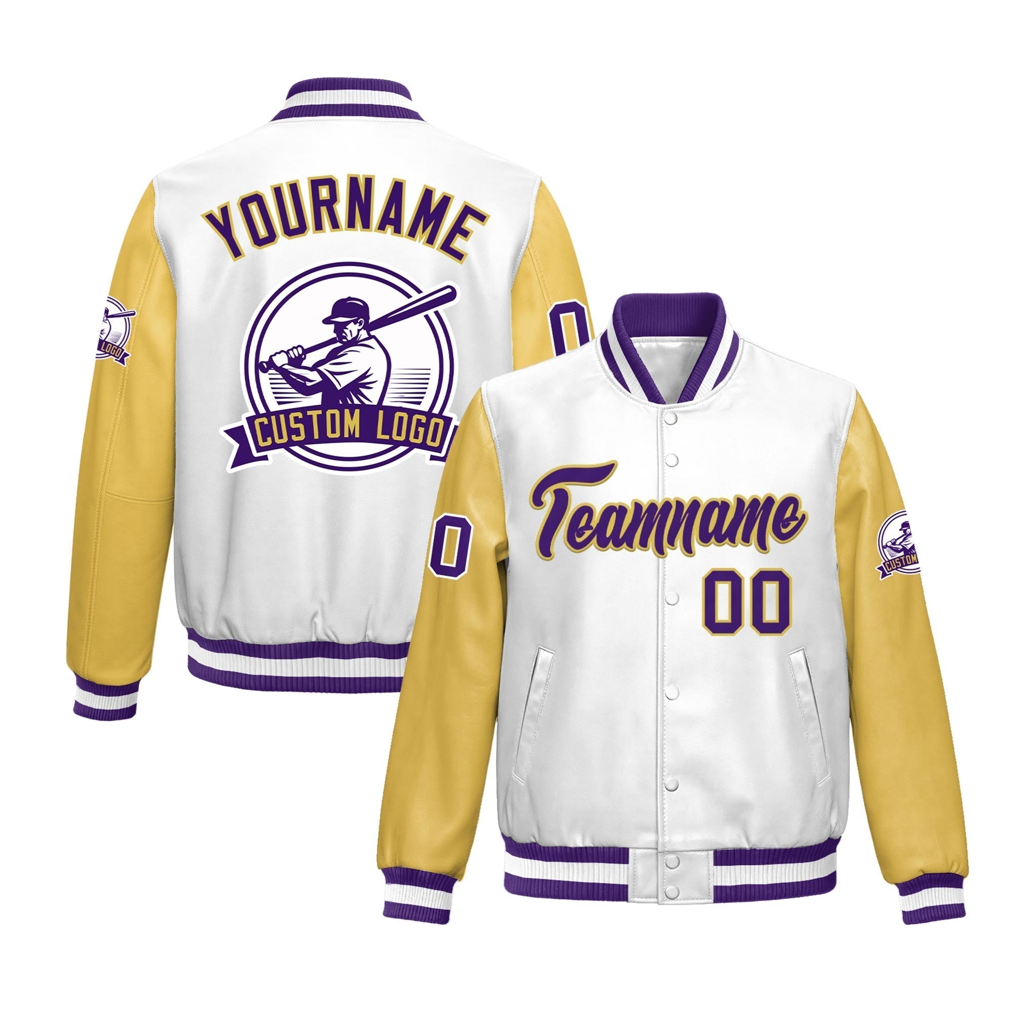 Custom Khaki Purple Raglan Sleeves Full-Snap Faux Leather Letterman Jacket| KXKSHOP