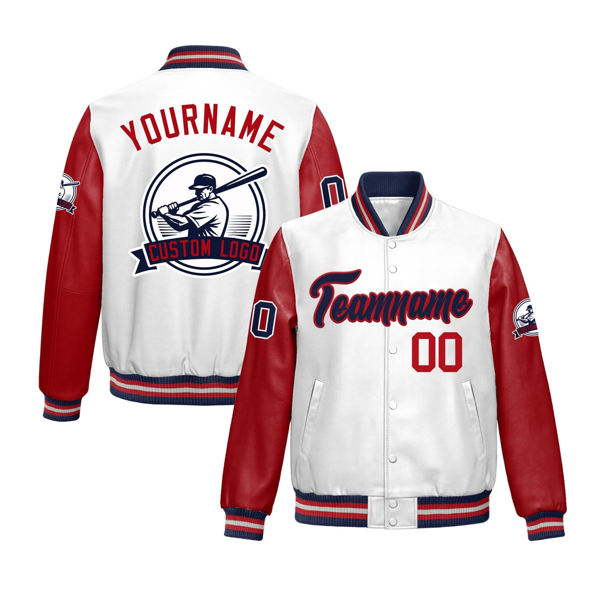 Custom Navy Red Jacket With Faux Leather Full-Snap Letterman Style for Schools, Teams & Colleges