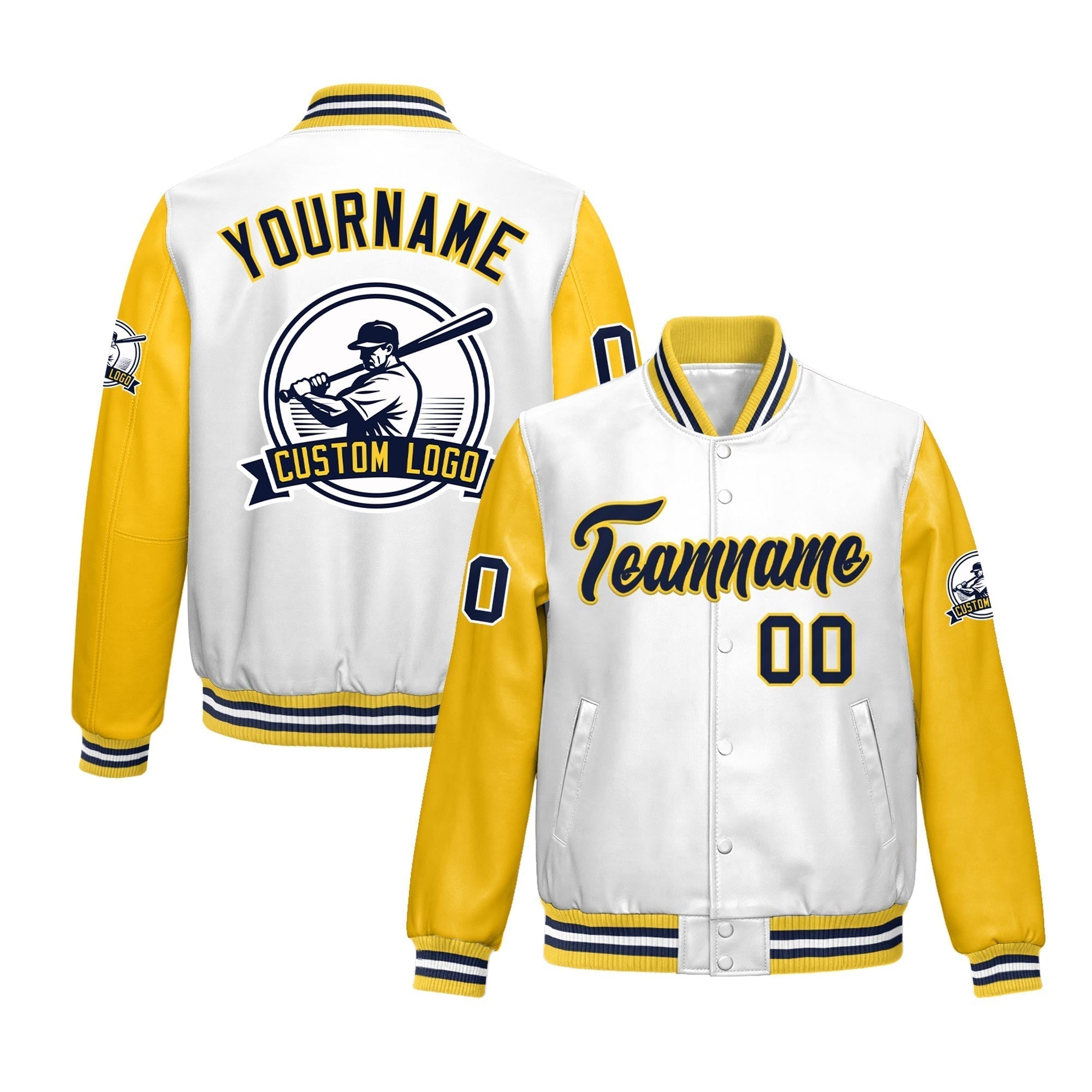 Custom Yellow White Raglan Sleeves Full-Snap Faux Leather Letterman Jacket| KXKSHOP