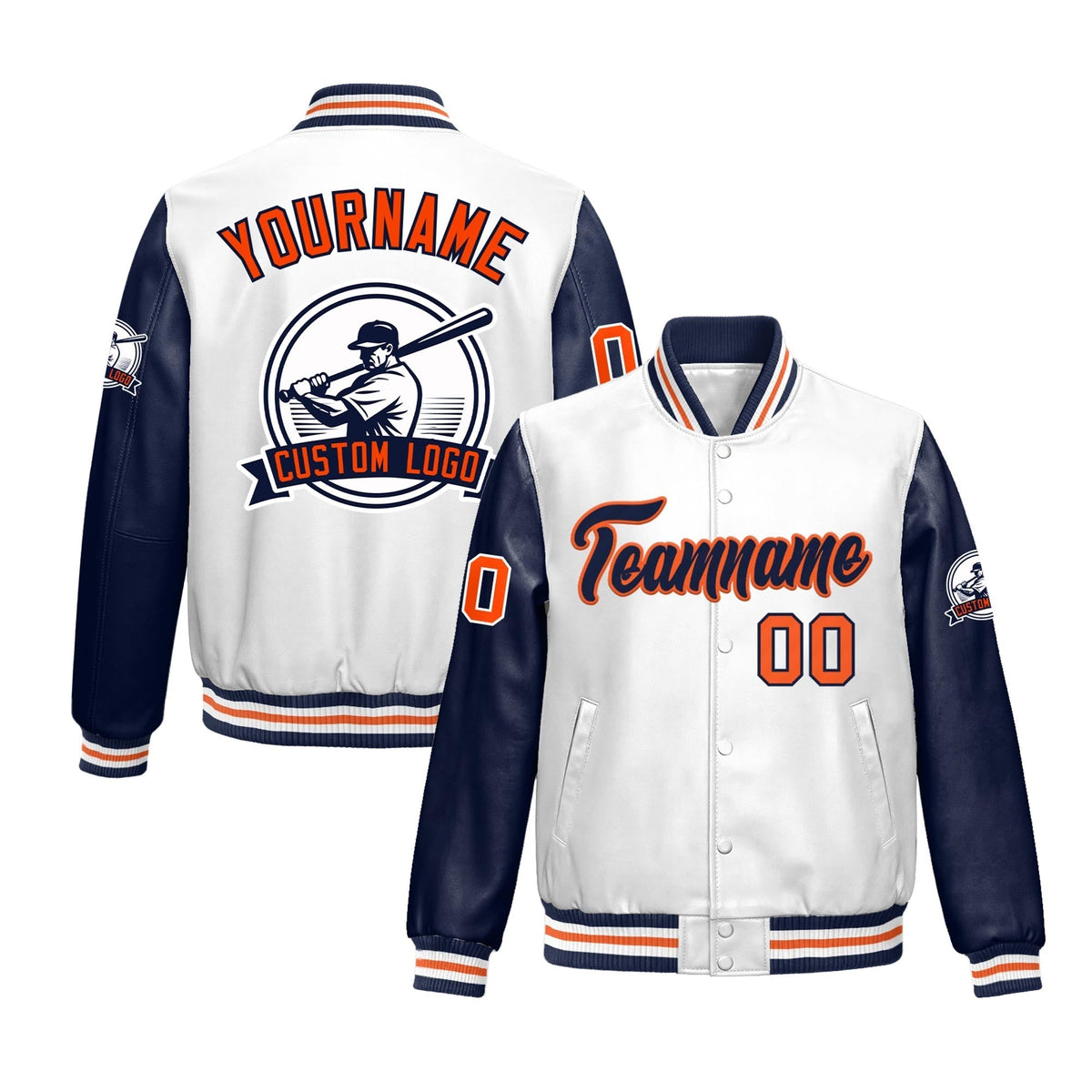 Custom Navy White Jacket With Faux Leather Full-Snap Letterman Style for Schools, Teams & Colleges