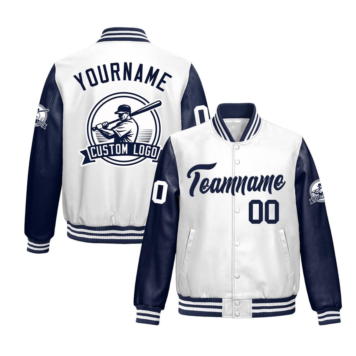 Custom Navy White Jacket With Faux Leather Full-Snap Letterman Style for Schools, Teams & Colleges