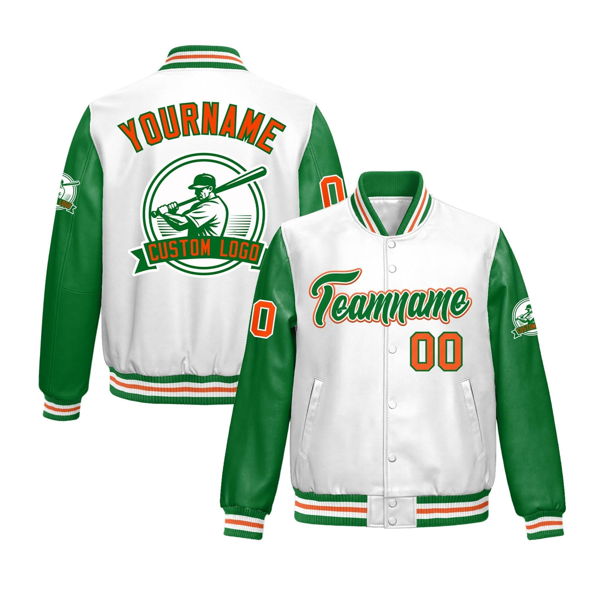 Custom Kelly Green White Orange Jacket With Faux Leather Full-Snap Letterman Style for Schools, Teams & Colleges