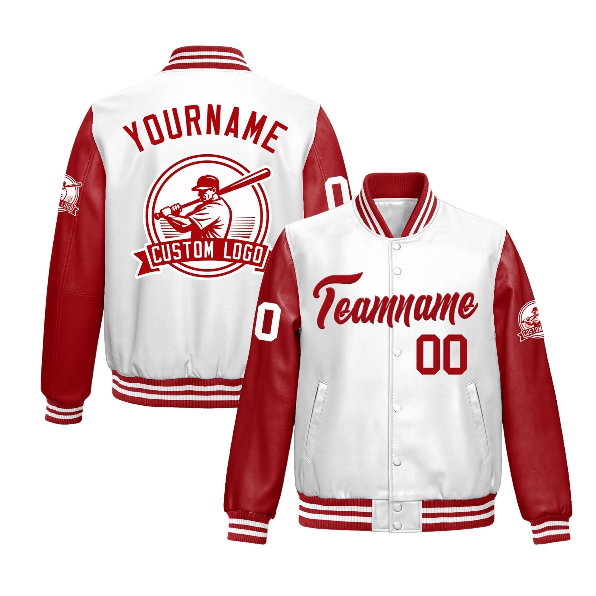 Custom Red White Raglan Sleeves Full-Snap Faux Leather Letterman Jacket| KXKSHOP