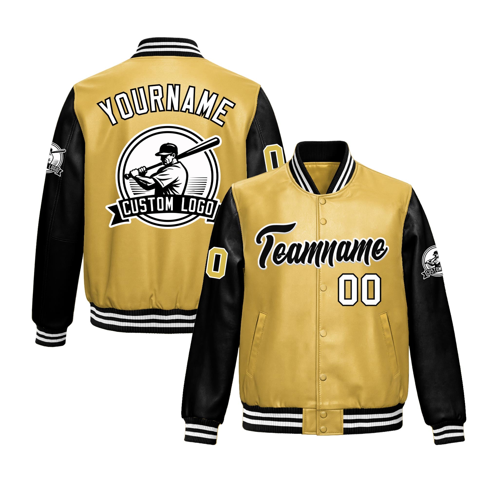 Custom Khaki Black Raglan Sleeves Full-Snap Faux Leather Letterman Jacket| KXKSHOP