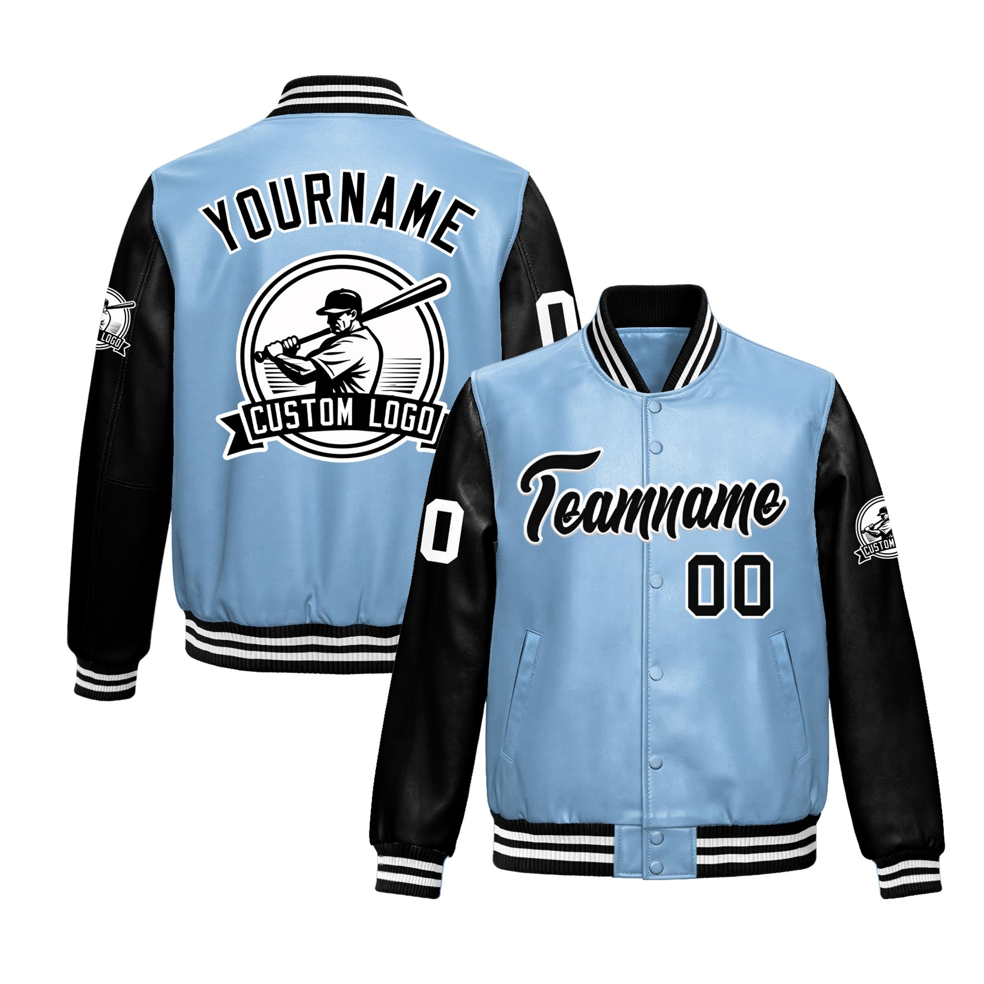 Custom Powder Blue Black Raglan Sleeves Full-Snap Faux Leather Letterman Jacket| KXKSHOP