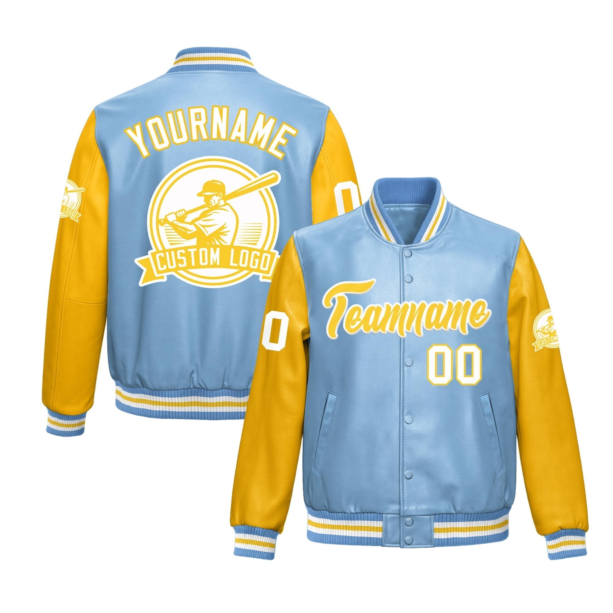 Custom Powder Blue Yellow Raglan Sleeves Full-Snap Faux Leather Letterman Jacket| KXKSHOP