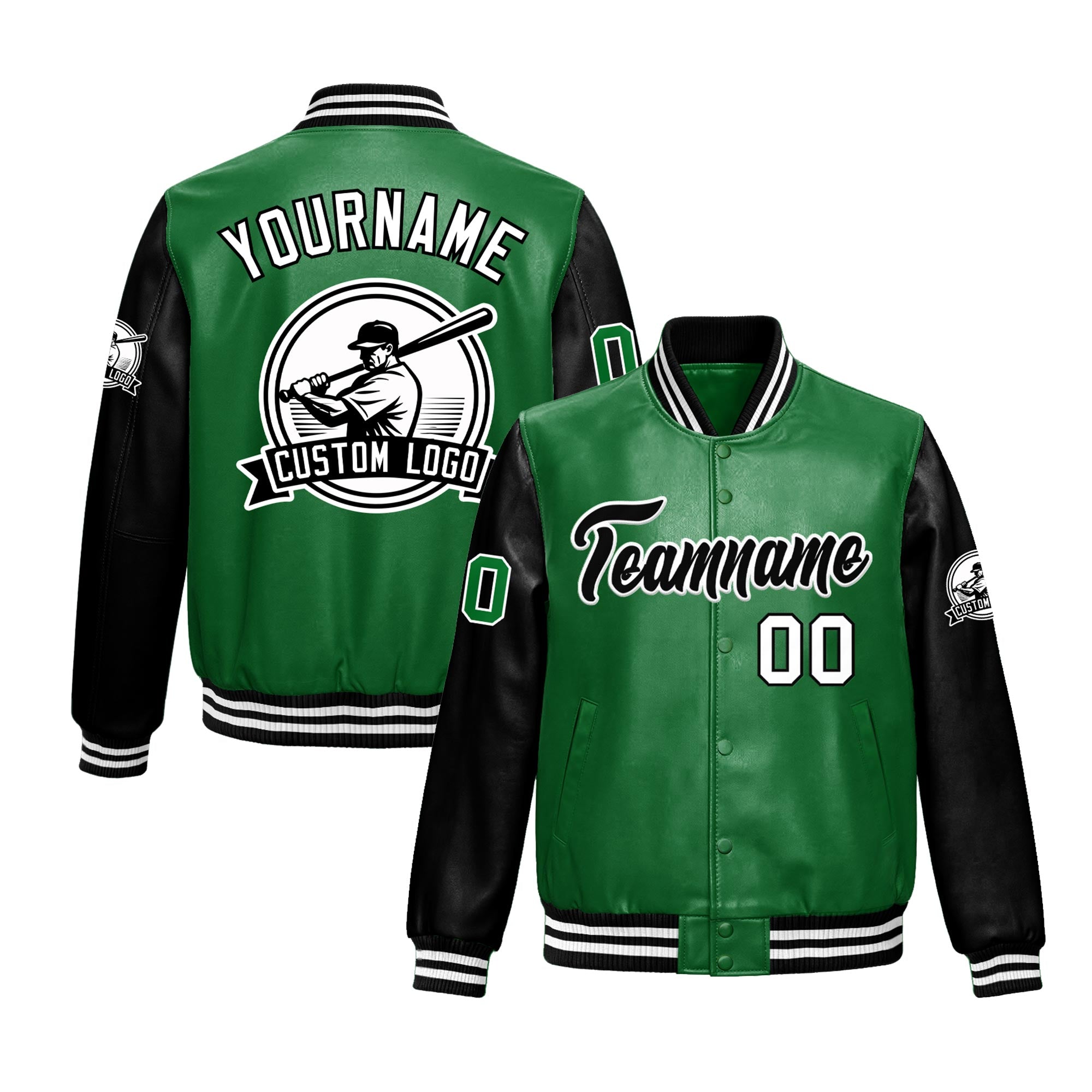 Custom Kelly Green Black Raglan Sleeves Full-Snap Faux Leather Letterman Jacket| KXKSHOP