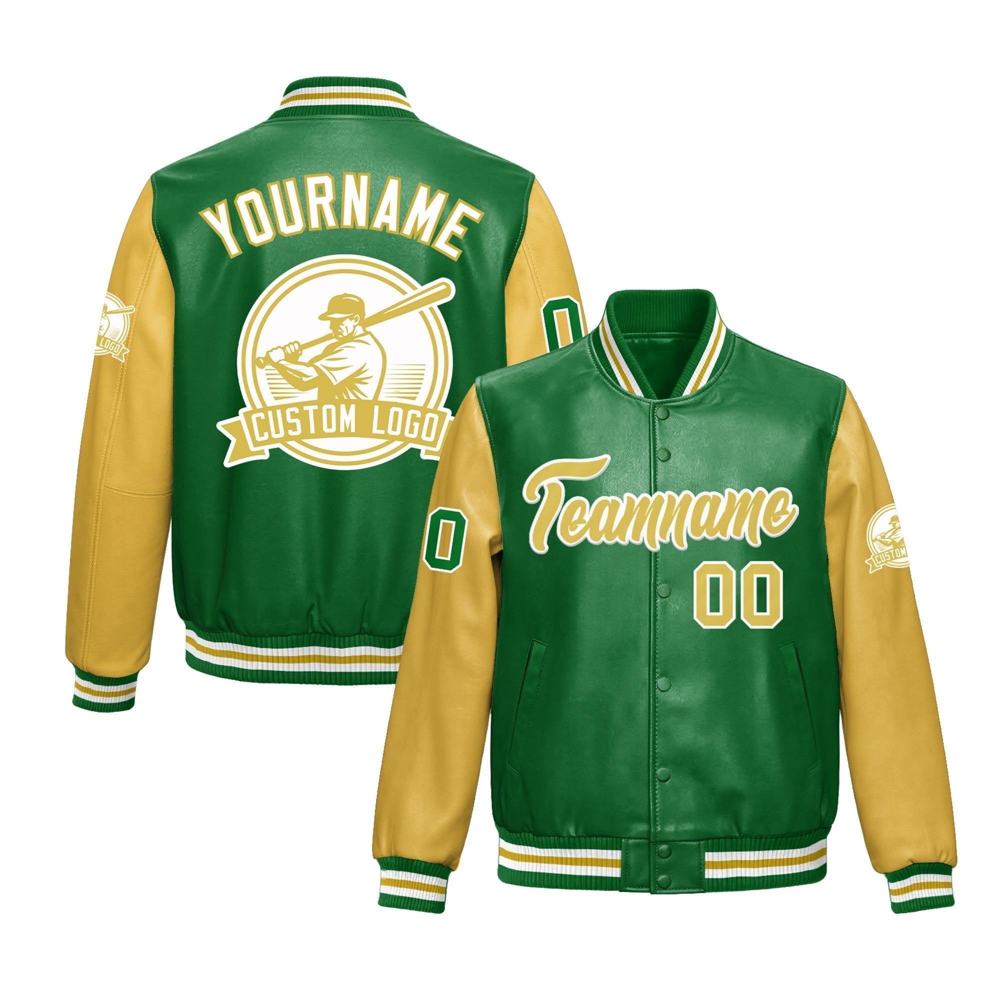 Custom Kelly Green Khaki Raglan Sleeves Full-Snap Faux Leather Letterman Jacket| KXKSHOP