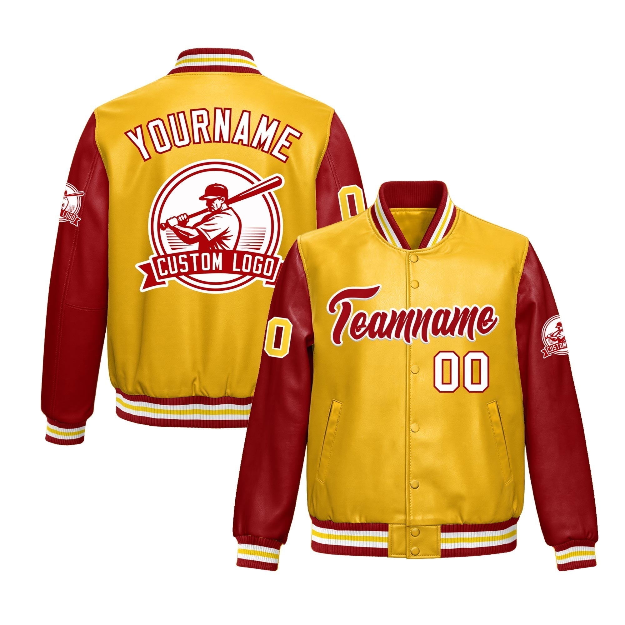 Custom Yellow Red Raglan Sleeves Full-Snap Faux Leather Letterman Jacket| KXKSHOP