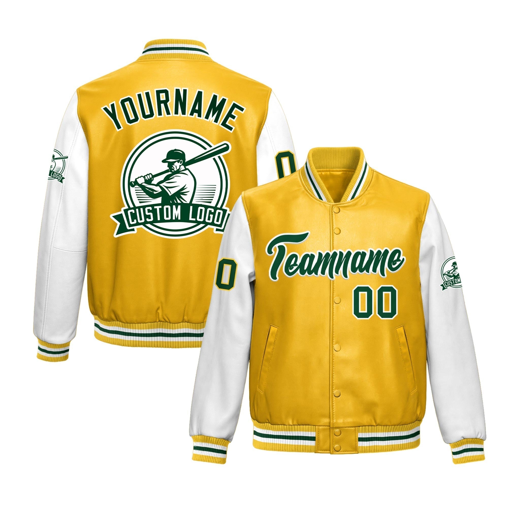 Custom Yellow White Raglan Sleeves Full-Snap Faux Leather Letterman Jacket| KXKSHOP